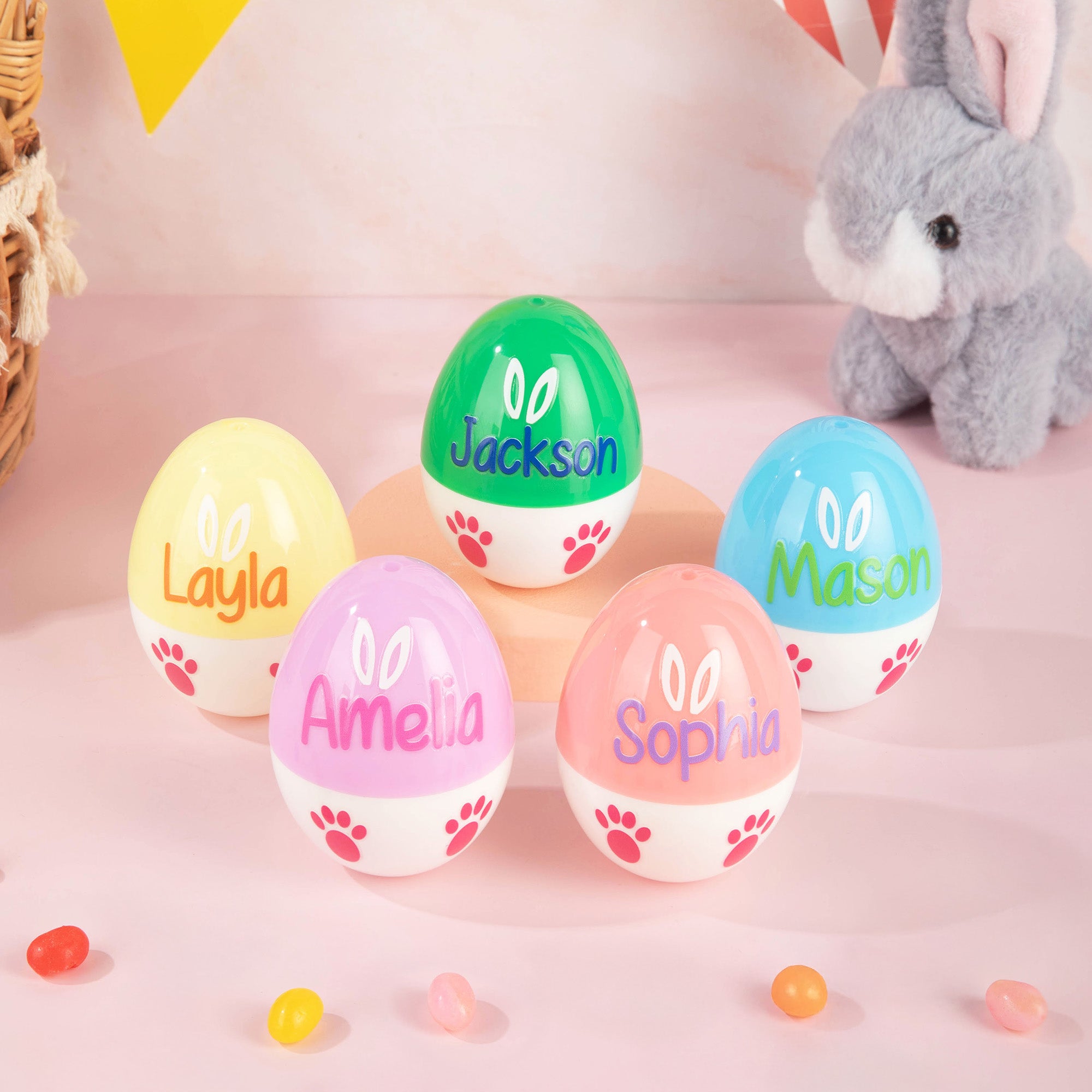 Huevo de Pascua con Orejas de Conejo Personalizado con Nombre Decoración de Escritorio Cesta de Pascua Fiesta de Regalo para la Familia Niños