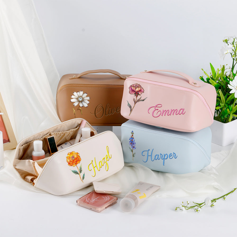 Personalizado Retro Nacimiento Flor de cuero de ancho abierto bolsa de maquillaje con nombre Día de la Madre Cumpleaños de regalo para las mujeres