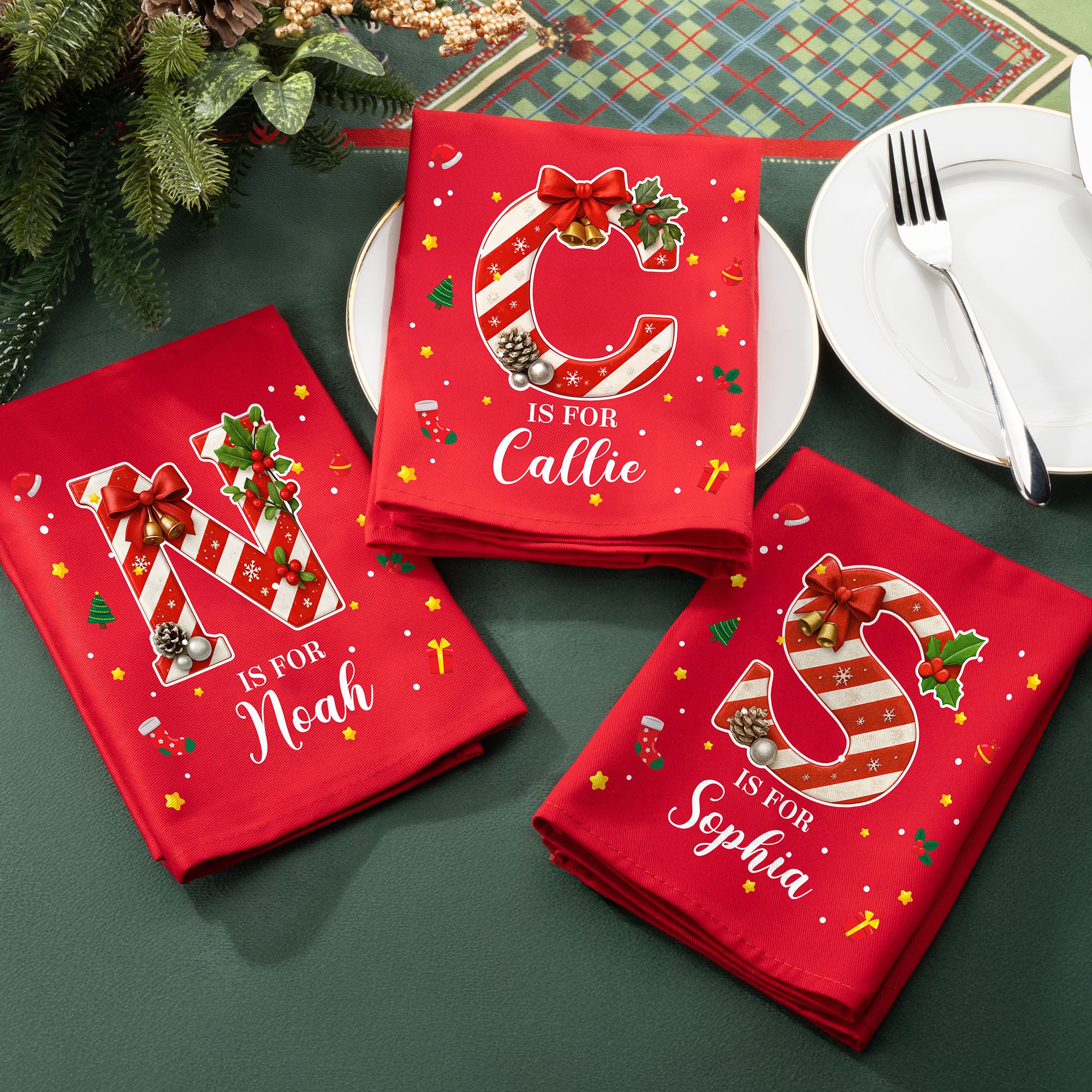 Bastón de Caramelo Personalizado Inicial 100% Algodón Servilleta Roja con Nombre Fiesta Decoración de Mesa Regalo de Navidad para Familia Amigos