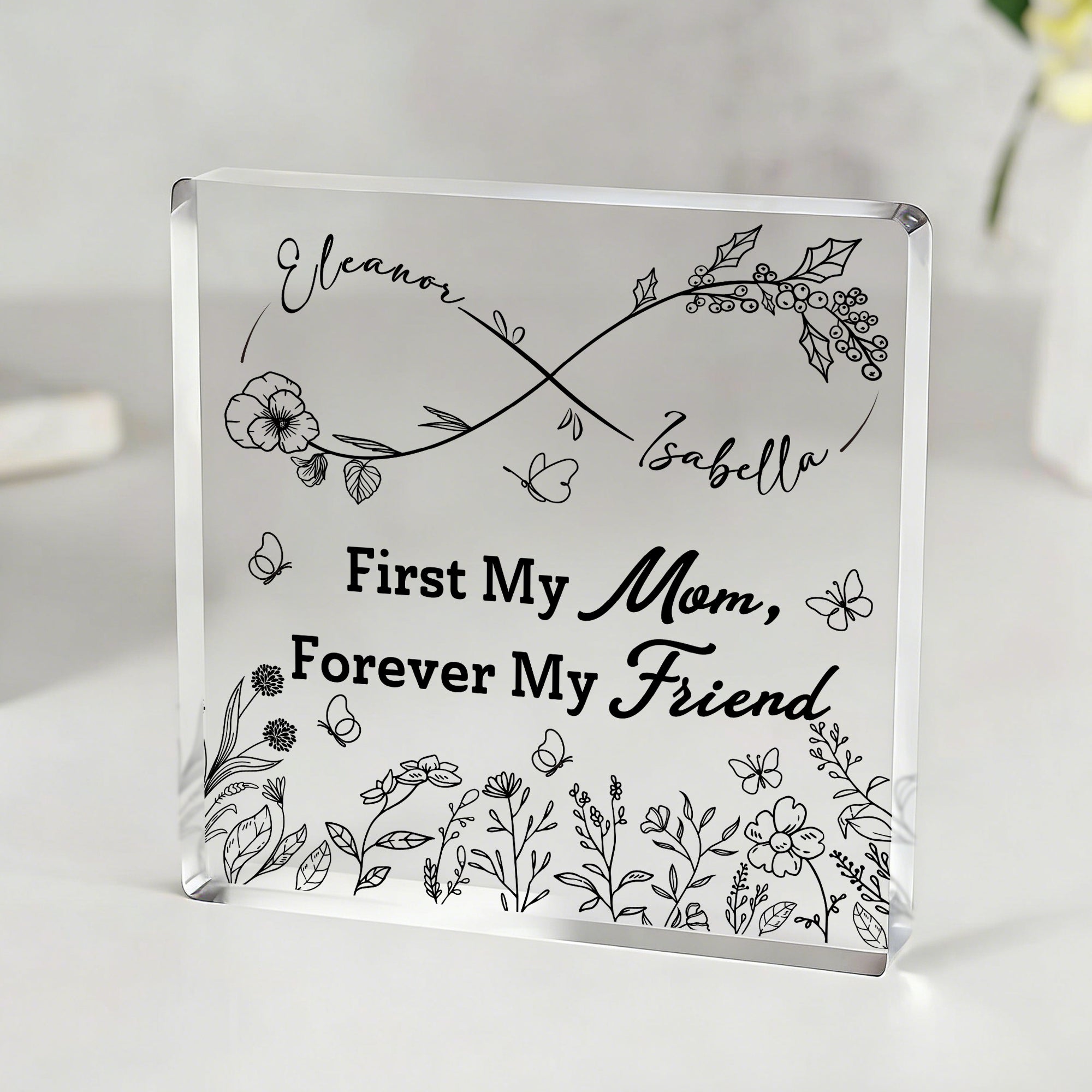 Personalizado Infinito Nacimiento Flores Claro Cuadrado Acrílico Placa con Nombres Escritorio Decoración Día de la Madre Cumpleaños Regalo para Mamá