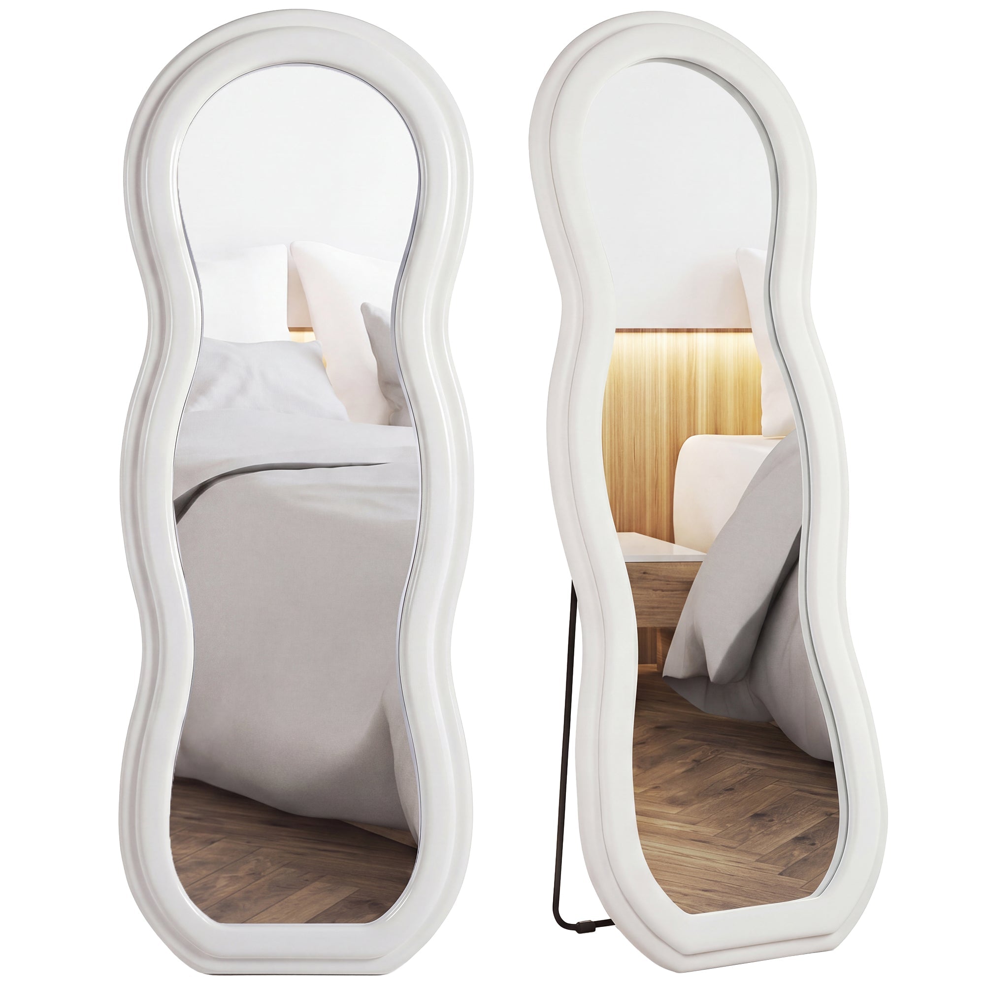 64" x 24" Full-Length Arched Floor Mirror with Wavy Velvet Frame, White