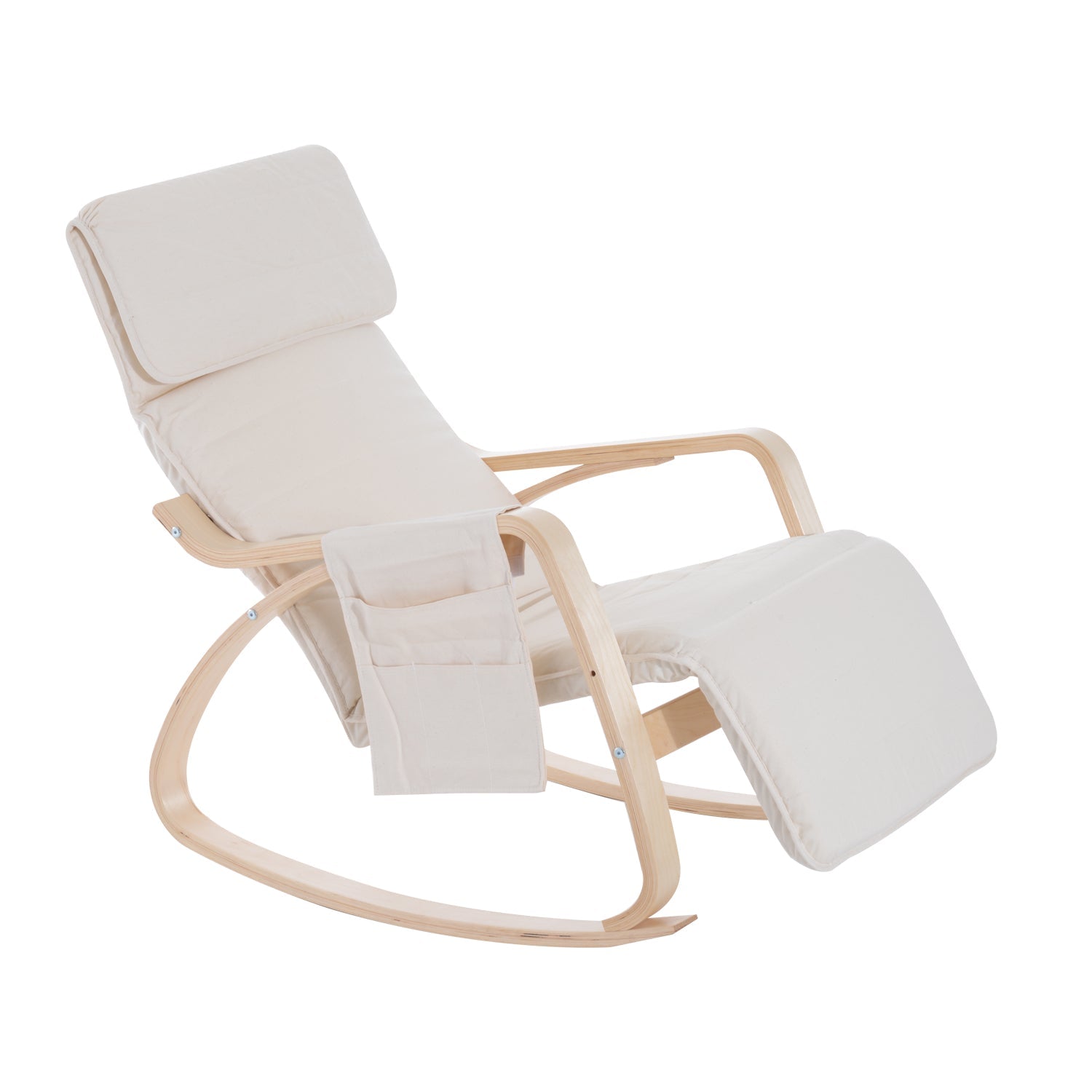 Rocking Lounge Chair with Adjustable Footrest, Side Pocket and Pillow, Cream White