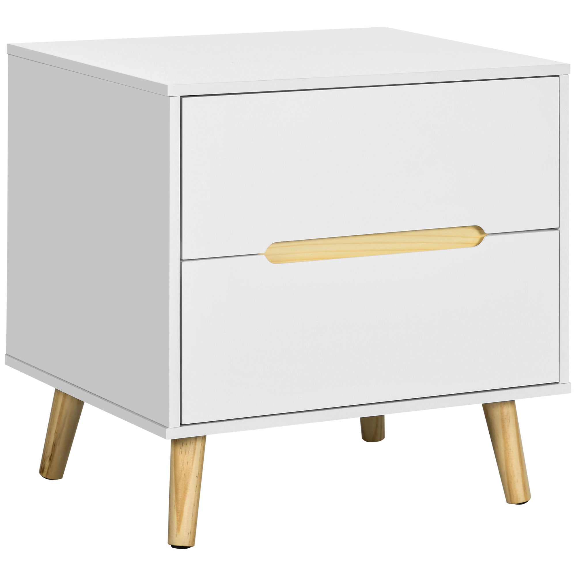 Modern Bedside Table, Nightstand with 2 Drawers, Side End Table with Solid Wood Legs, White