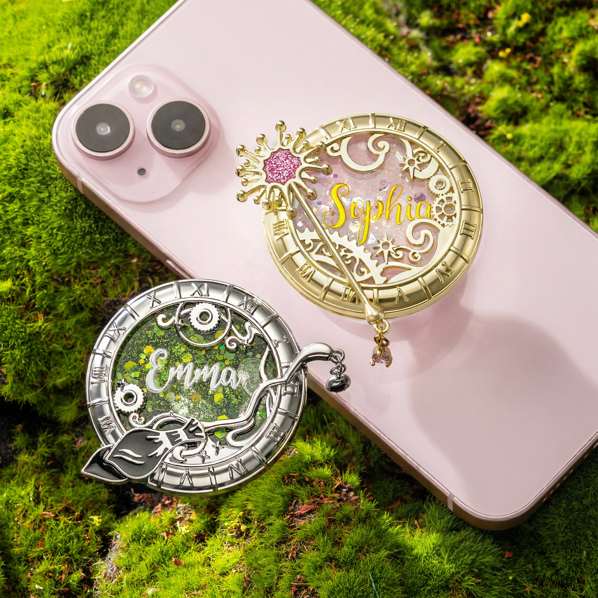 Personalizada Buena Bruja y Malvada Bruja Diseño Mágico Glitter líquido acrílico Magsafe Teléfono Agarre Soporte con Nombre Regalo de Cumpleaños para Mujeres Amigos