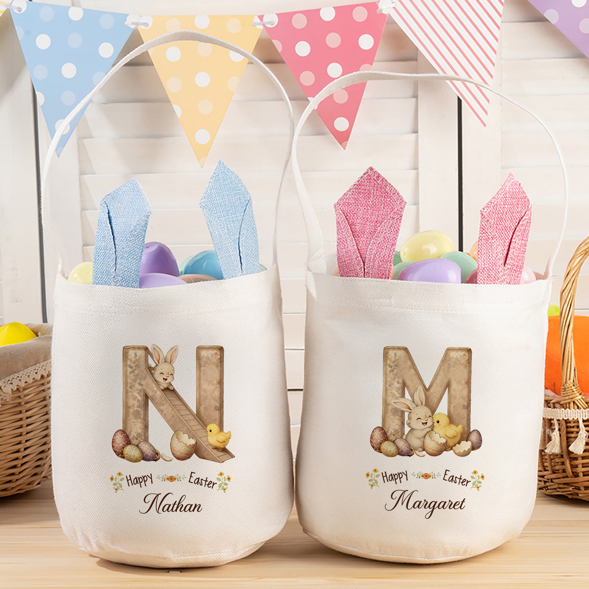 Personalizado lindo conejo de madera Efecto Inicial Cesta de Pascua con orejas de conejo y el nombre de los huevos de caza Fiesta de Pascua de regalo para los niños