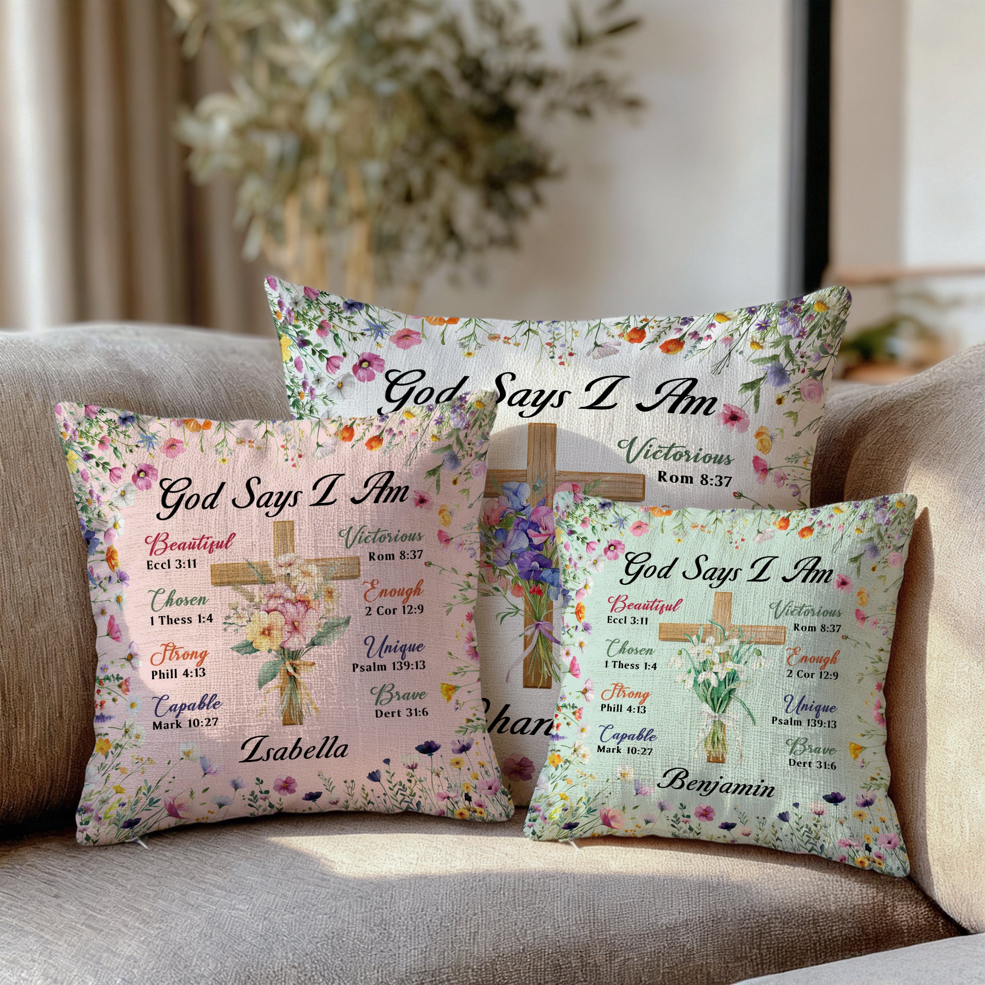 Personalizada Nacimiento Flor Cruz Dios Dice Yo Soy Suave Funda de Almohada con Nombre Decoración del Hogar Bautizo Navidad Regalo para Famlily Amigos Cristianos