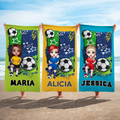 Toalla de playa de gran tamaño y secado rápido personalizada con el nombre de un personaje de fútbol de dibujos animados Regalo de cumpleaños para los amantes del fútbol