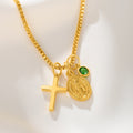 Personalizada Virgen María Cruz Collar con Piedra de Nacimiento Dainty Joyería Cumpleaños Religioso Bautizo Regalo para Mujeres Cristianas