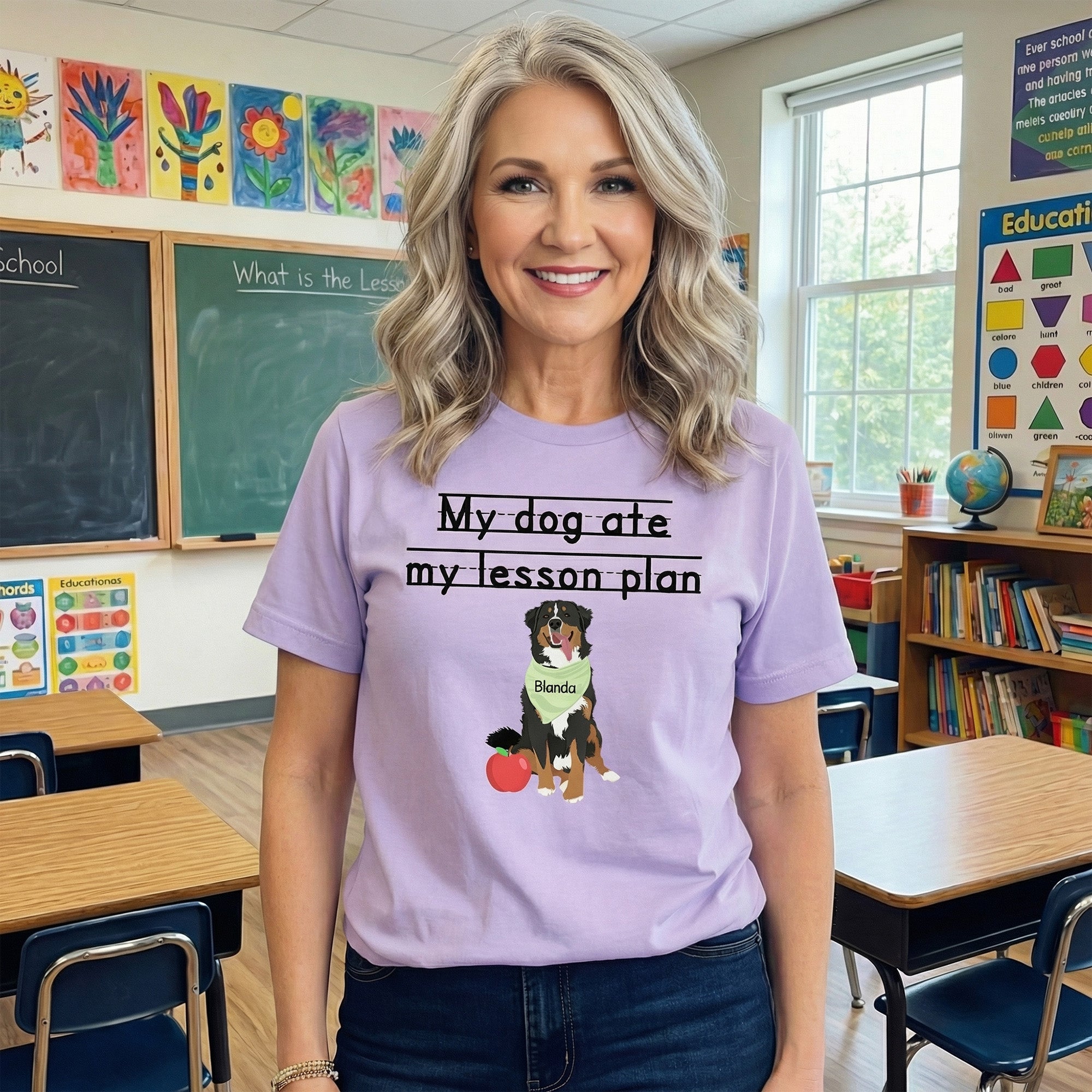 Camiseta personalizada de dibujos animados My Dog Ate My Lesson Plan Soft T-shirt with 1-3 Names Teacher's Day Birthday Gift for Teachers Dog Lovers