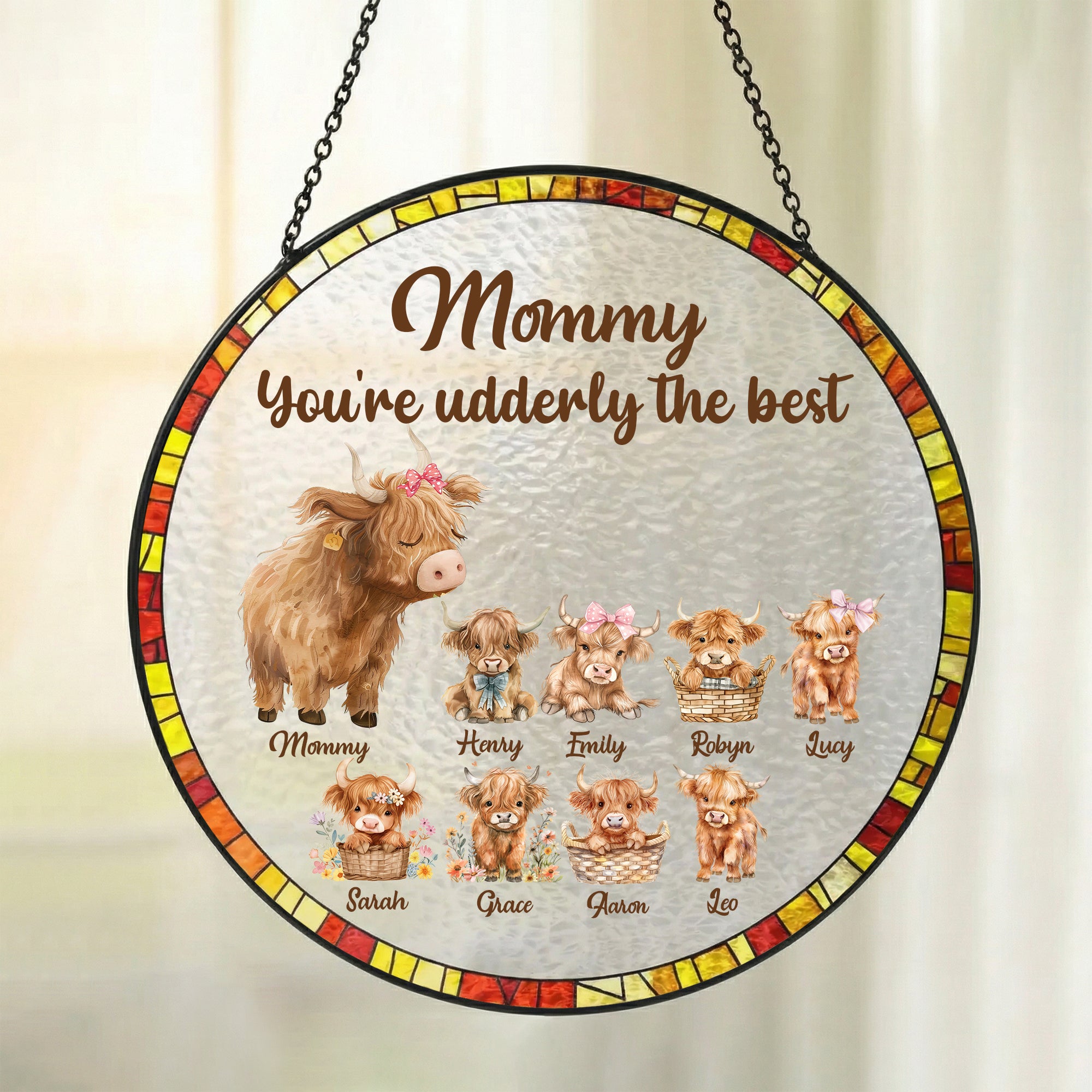 Vaca de las Tierras Altas Personalizada Adorno de Cristal con Nombre para Colgar en la Ventana del Balcón Regalo del Día de la Madre para Mamá