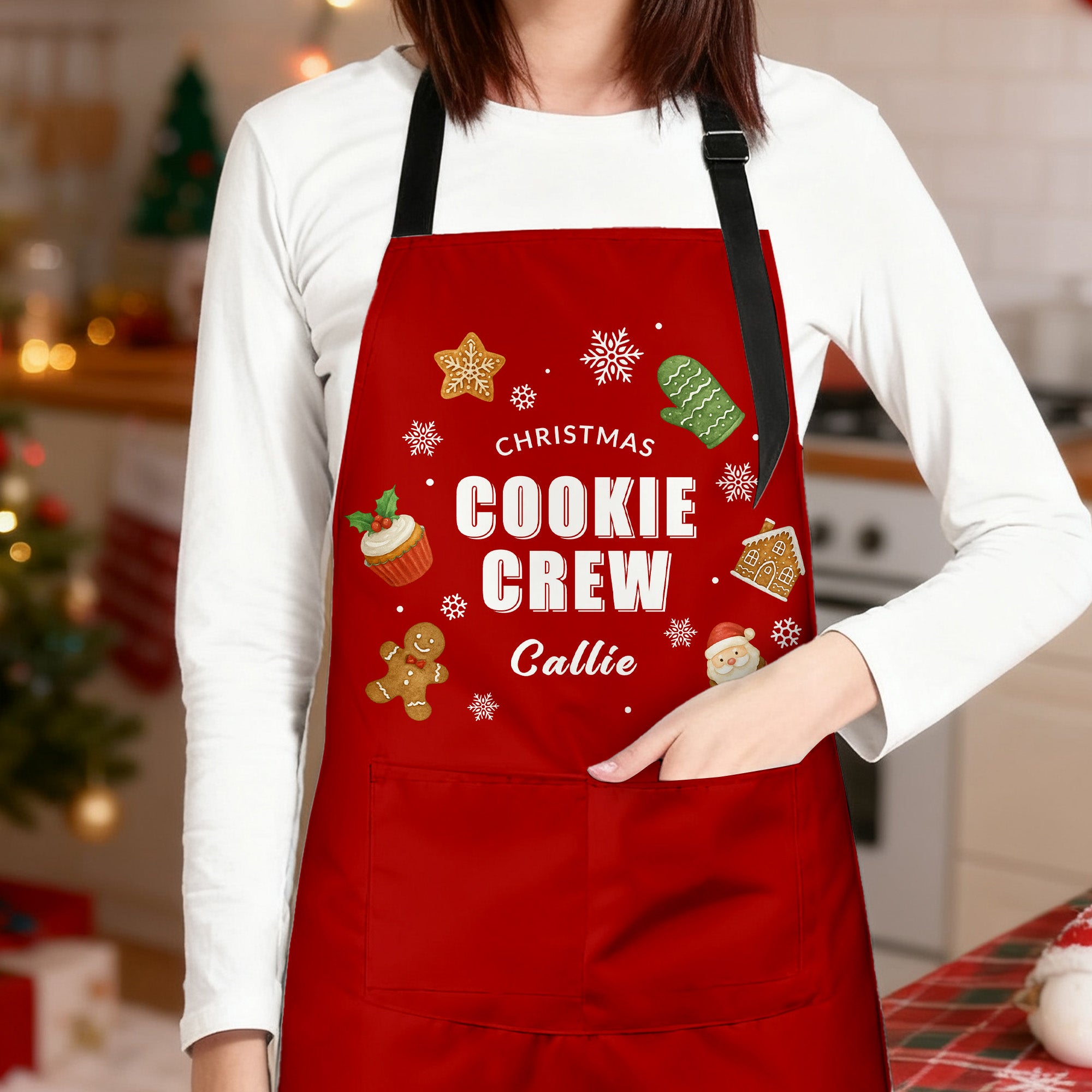 Delantal ajustable con nombre y bolsillo Personalizado Cookie Crew Multi-Color Baking Cookie Delantal ajustable con nombre y bolsillo Regalo de Navidad para Mujer Amiga