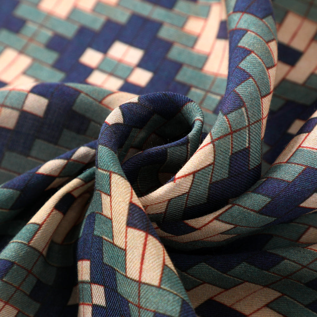 Geometric Islamic Scarf – Blue, Green & Beige Pattern, 100% Modal - Ziyarat