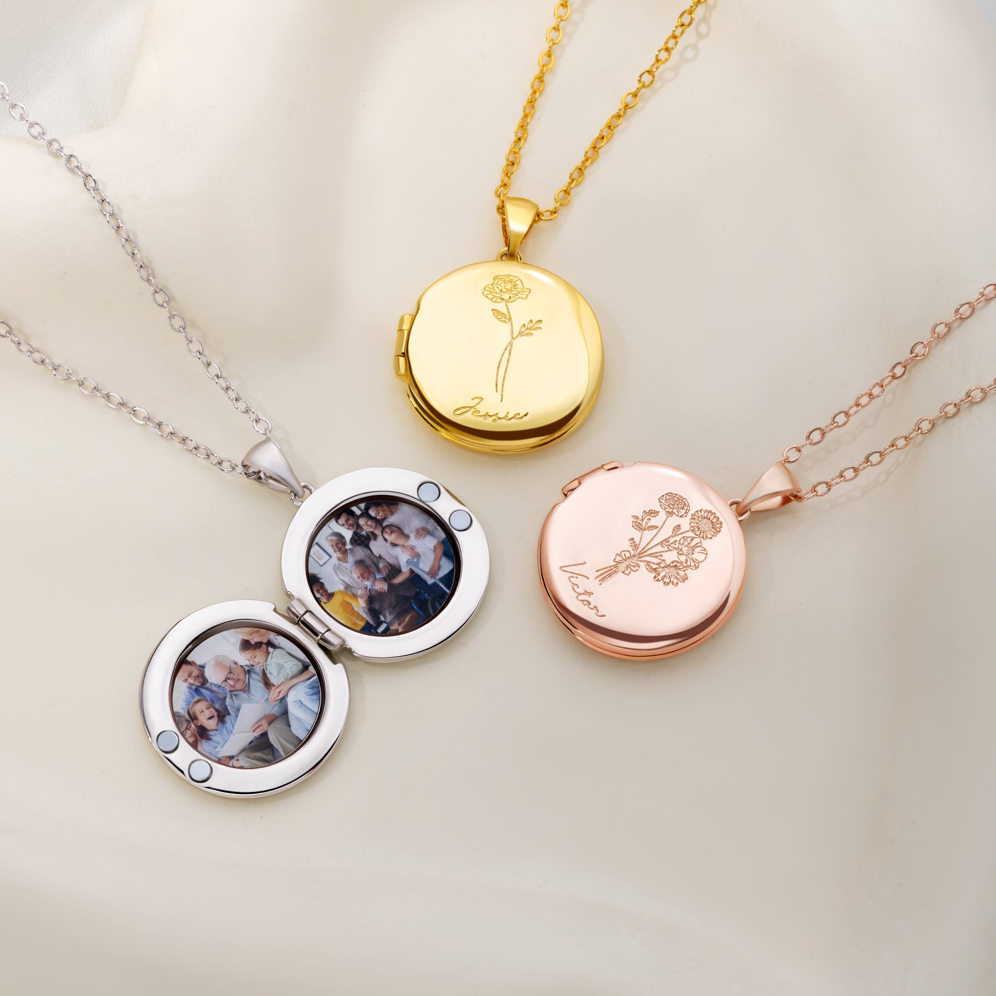 Personalizado 1-5 Nacimiento Flores Relicario Collar con nombre grabado y 2 fotos Dainty Joyería Aniversario Cumpleaños Regalo para las mujeres