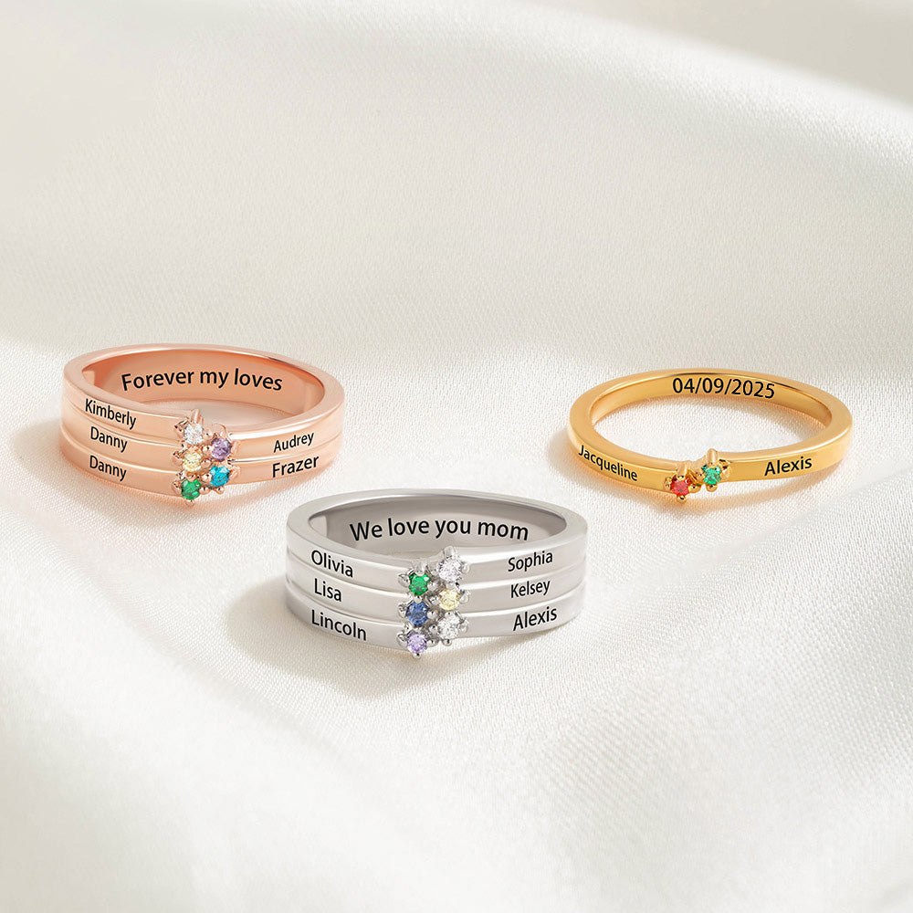 Personalizado 1-8 Birthstones Anillo con Nombre Grabado Dainty Mujeres Joyería Cumpleaños Día de la Madre Regalo para Mamá Abuela
