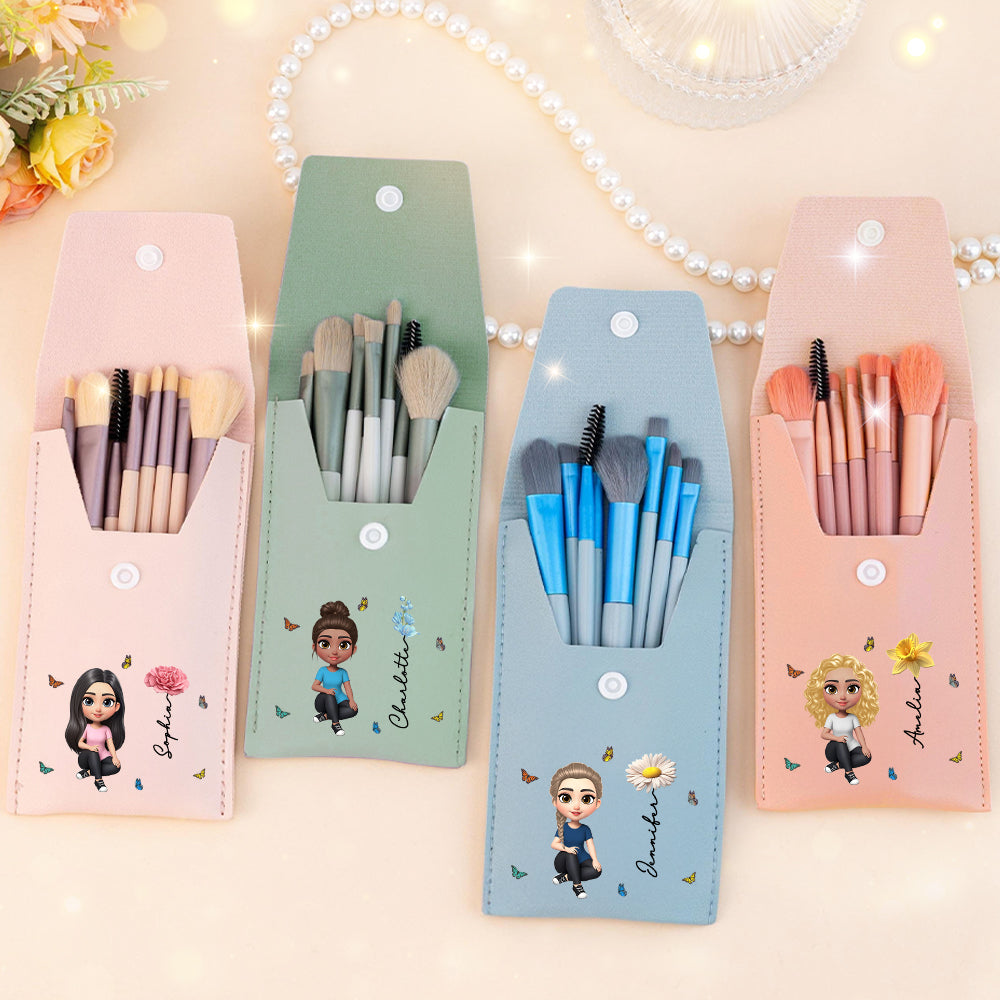 Personalizado 3D Nacimiento Flor Mariposa Dibujos animados Niña Bolsa de cuero portátil Pinceles de maquillaje con 8 piezas Pinceles Regalo de cumpleaños para las mujeres