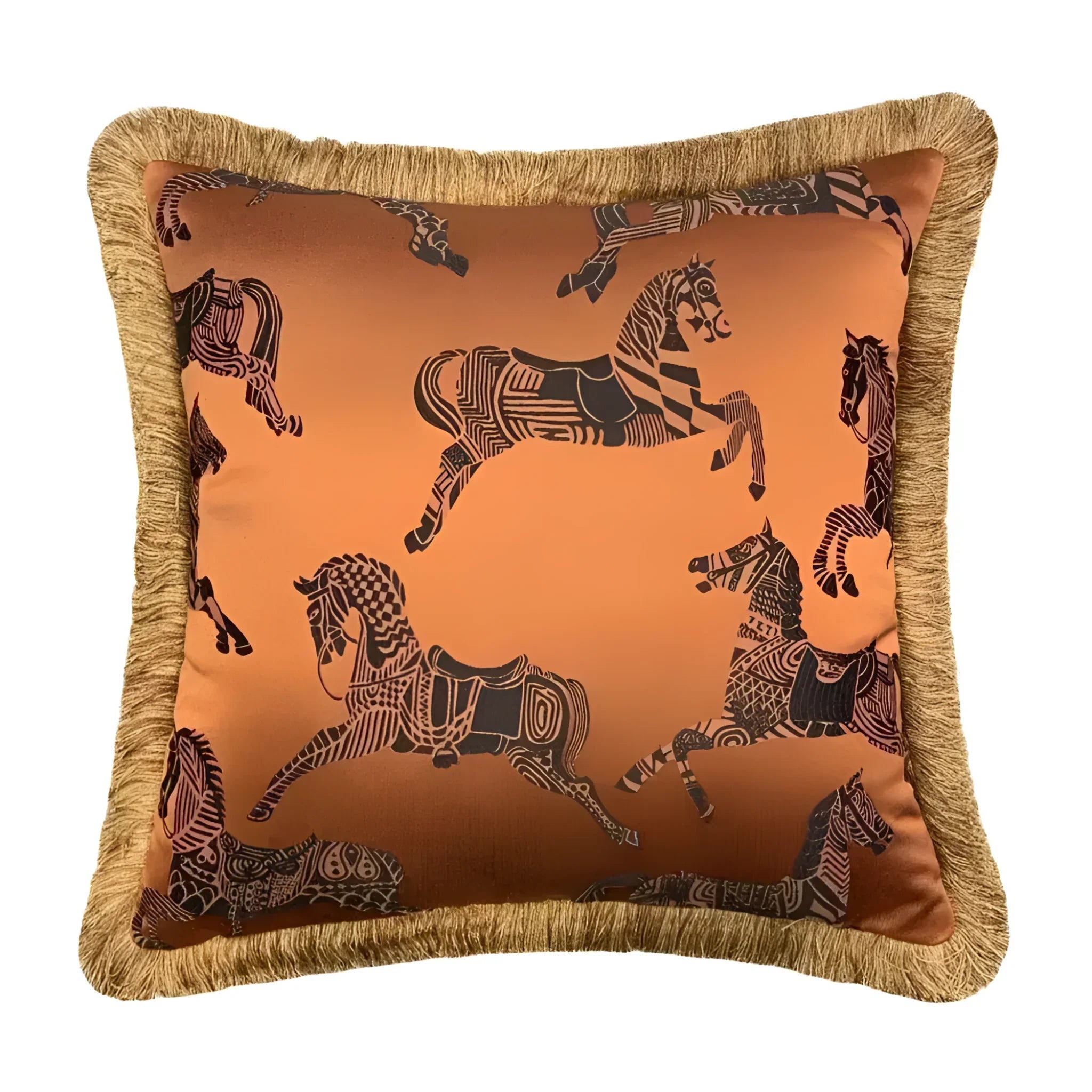 Faux Silk Orange Horses Pillow Cover with Golden Fringes