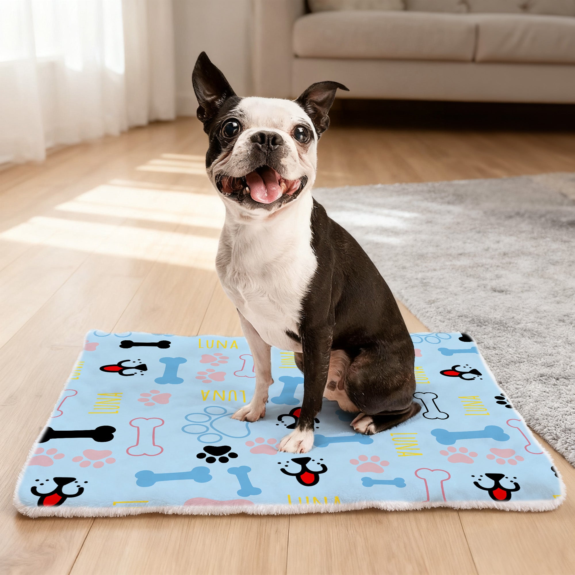 Personalizado lindo hueso de impresión de la pata suave estera de la cama del animal doméstico con el nombre de cumpleaños de Navidad de regalo para el gato perro mascota amante del propietario