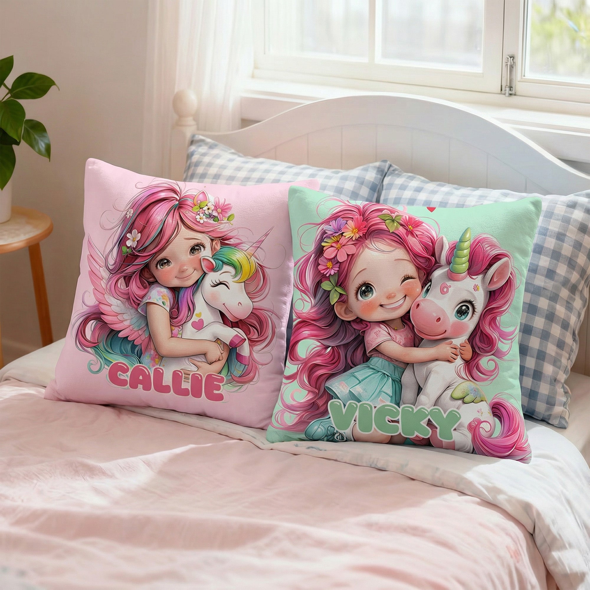 Funda de almohada personalizada con el nombre de la niña linda flor fantasía unicornio decoración de la habitación regalo de cumpleaños para las niñas hijas sobrinas