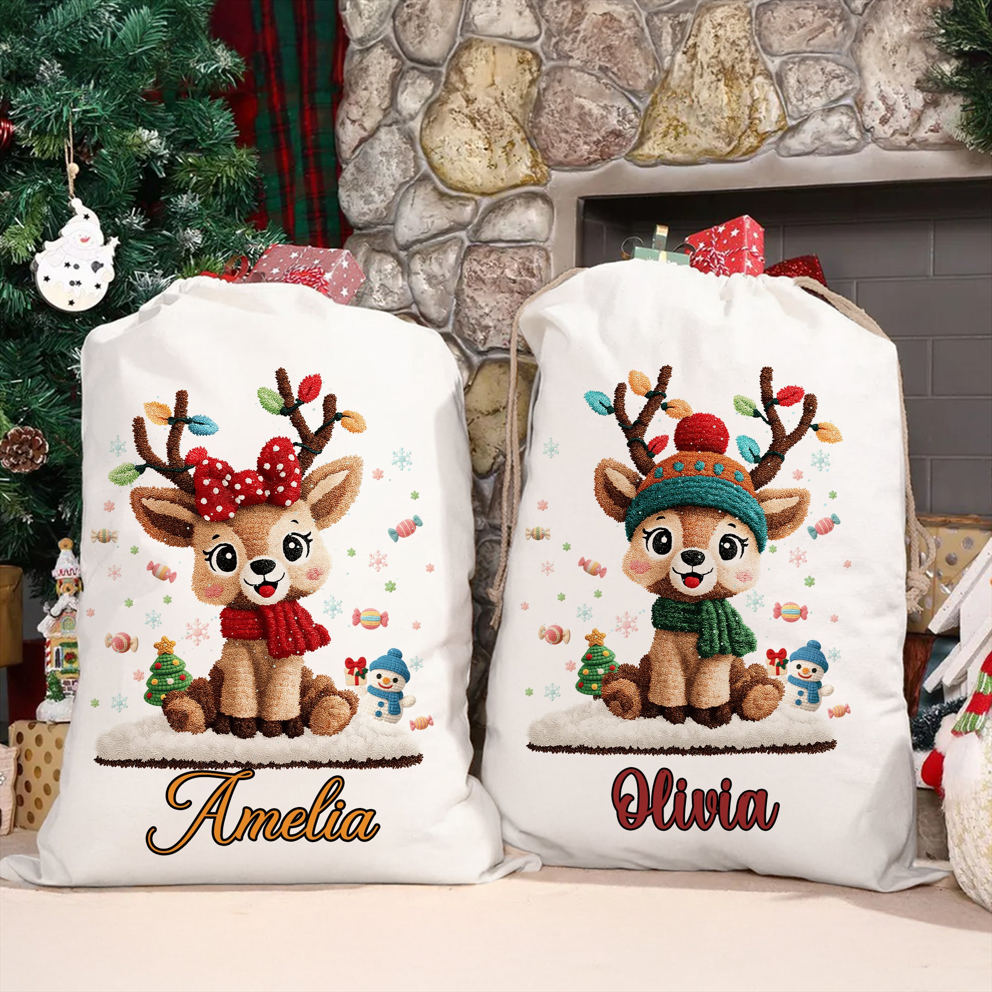 Personalizado lindo reno de dibujos animados de lona bolsa de regalo con nombre de regalo de Navidad para Niños Familia Amigos