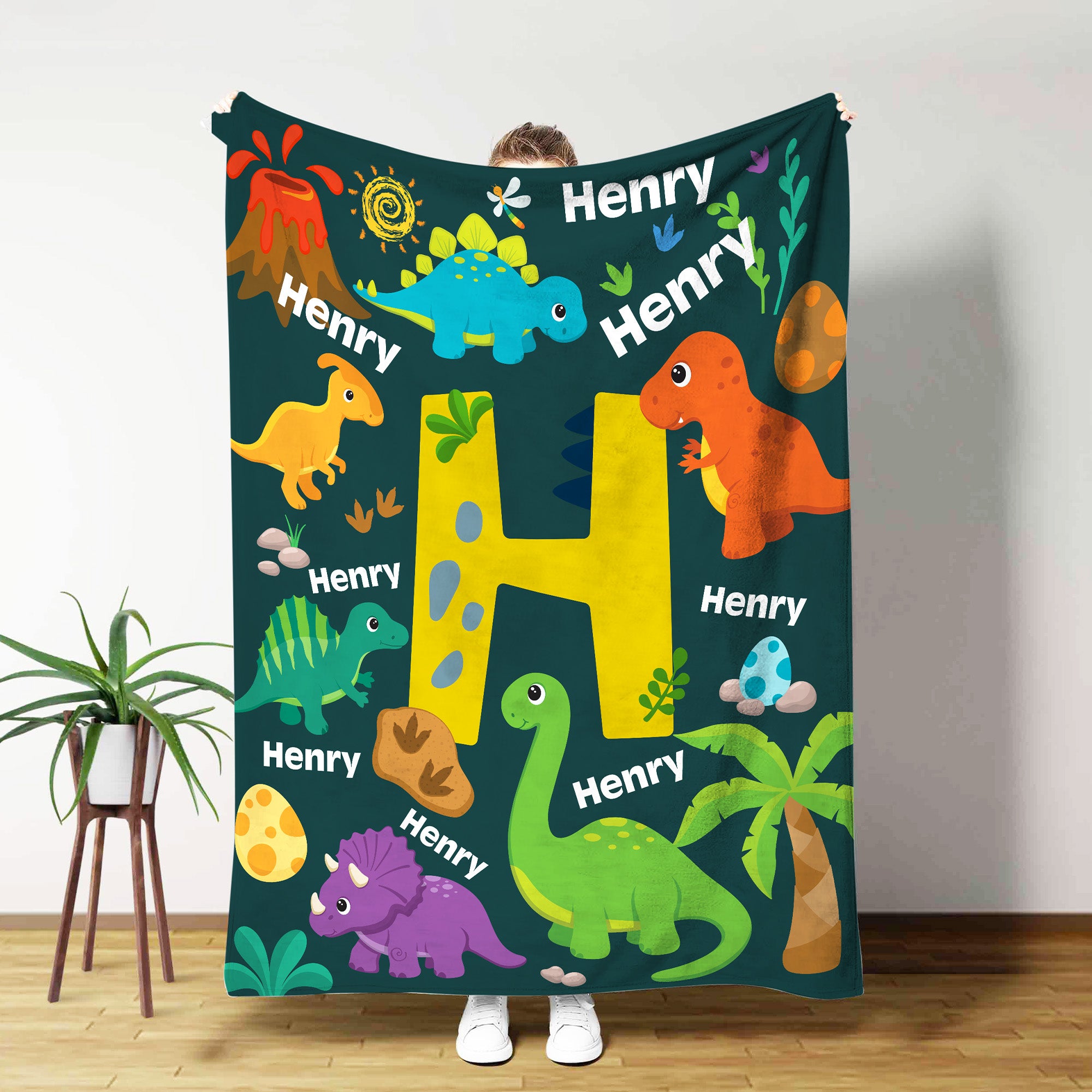 Manta personalizada de dinosaurio con nombre e inicial Decoración de habitación Regalo de cumpleaños para niños Niñas