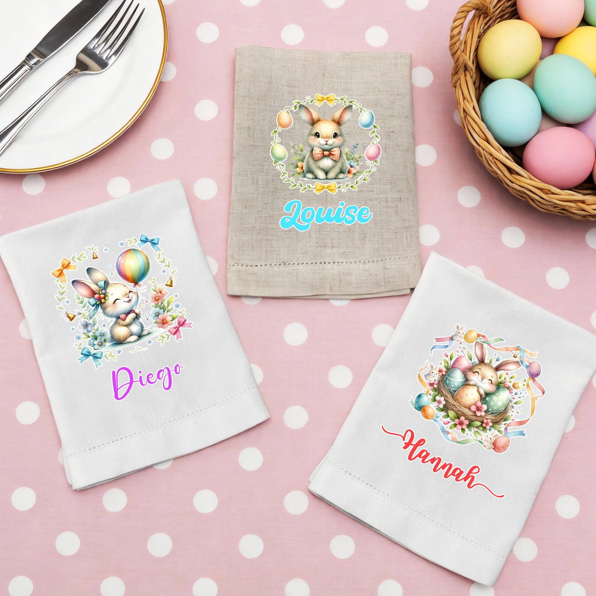 Guirnalda personalizada Huevo de Pascua Lindo Conejito Servilleta de lino con nombre Decoración de mesa festiva Regalo de Pascua para amigos de la familia