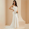 Bridal Wedding Dress White Spaghetti Straps Long V-Neck Mermaid Lace