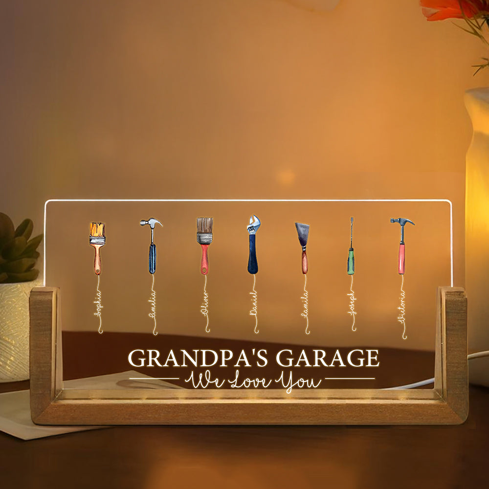 Lámpara de noche LED personalizada We Love You con diseño de herramientas de reparación, 1-12 nombres y base de madera Decoración del hogar Regalo del Día del Padre para el abuelo y el papá
