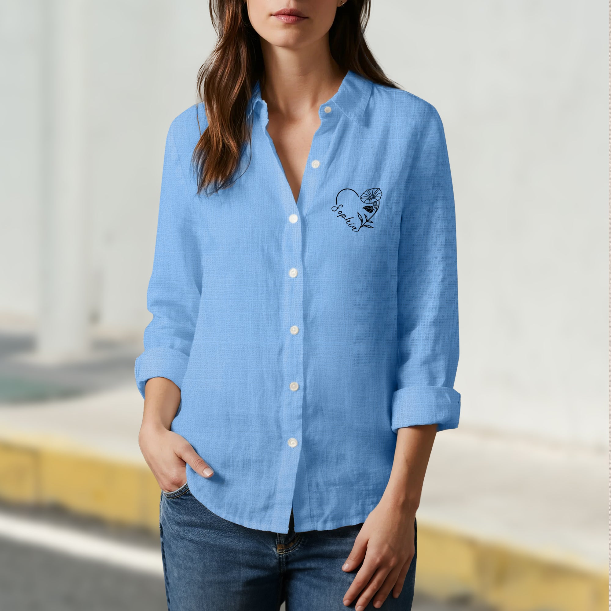 Personalizada Bordada Flor de Nacimiento 100% Algodón Camisa de Manga Larga con Nombre Cumpleaños Aniversario Regalo para Mujer