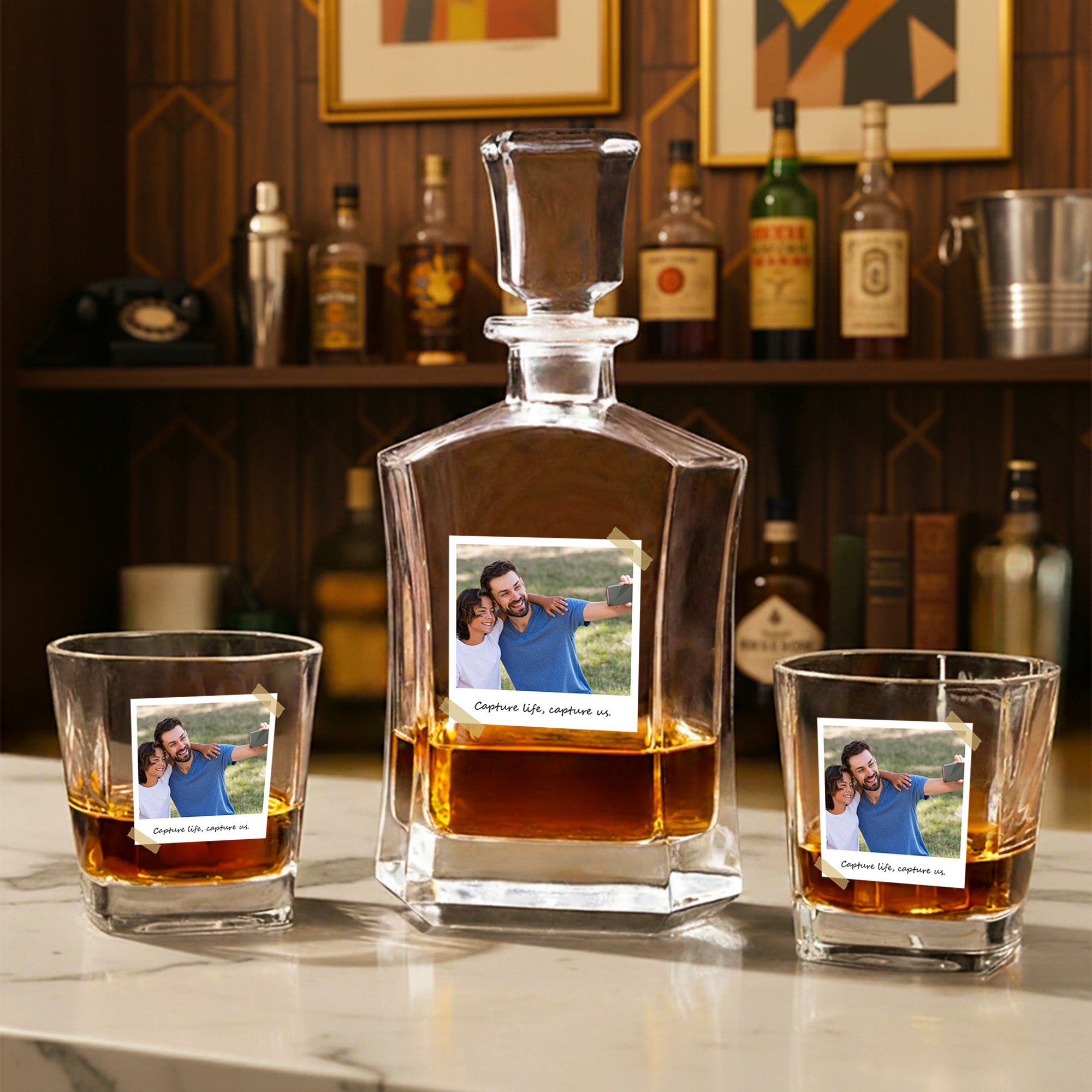 Decantador de Whisky Personalizado con Foto 4 Copas con Texto Cumpleaños Aniversario Día del Padre Regalo para Hombres Amigos
