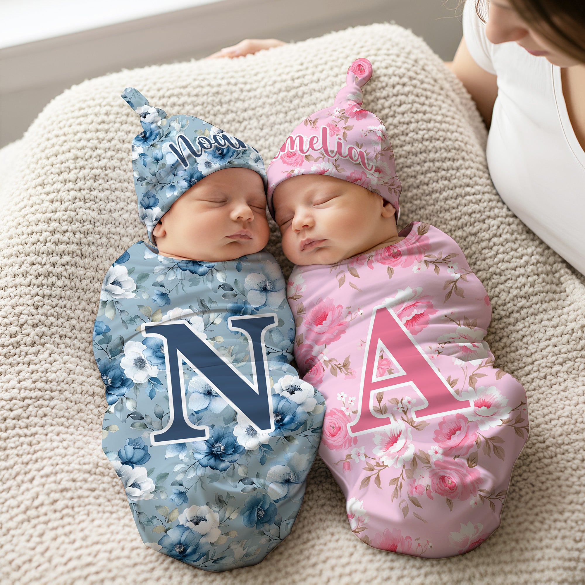 Set de pañales personalizados de algodón 100% con motivos florales en acuarela y nombre e inicial Regalo de cumpleaños para baby shower recién nacido