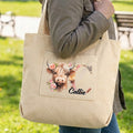 Personalizada Floral Highland Vaca Bolsa de Pana con Letra y Nombre Uso Diario Cumpleaños Día de la Madre Regalo para Niñas Mujeres