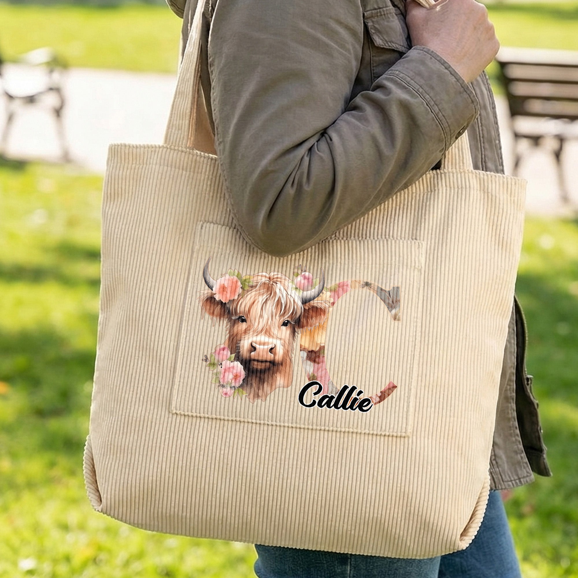 Personalizada Floral Highland Vaca Bolsa de Pana con Letra y Nombre Uso Diario Cumpleaños Día de la Madre Regalo para Niñas Mujeres