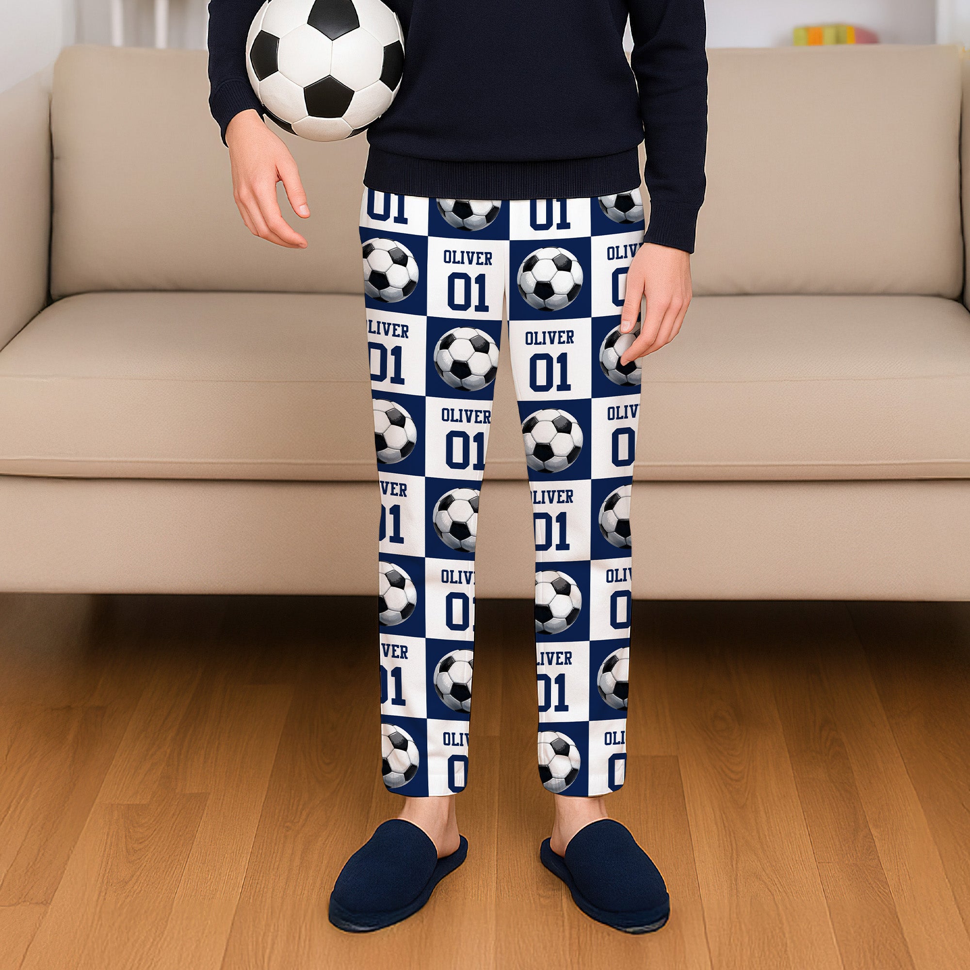 Pantalones de pijama personalizados con diseño de cuadrícula, elemento de pelota, nombre y número, inicial, cumpleaños, regalo de Navidad para niños amantes del deporte.