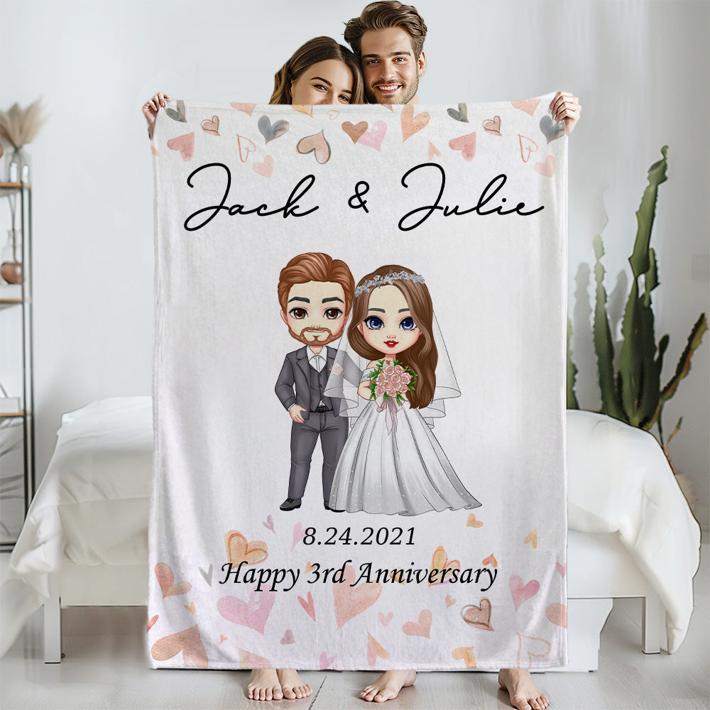 Novios personalizados de dibujos animados Suave manta con nombre Decoración del hogar Fecha de la boda Aniversario de regalo para los recién casados Parejas
