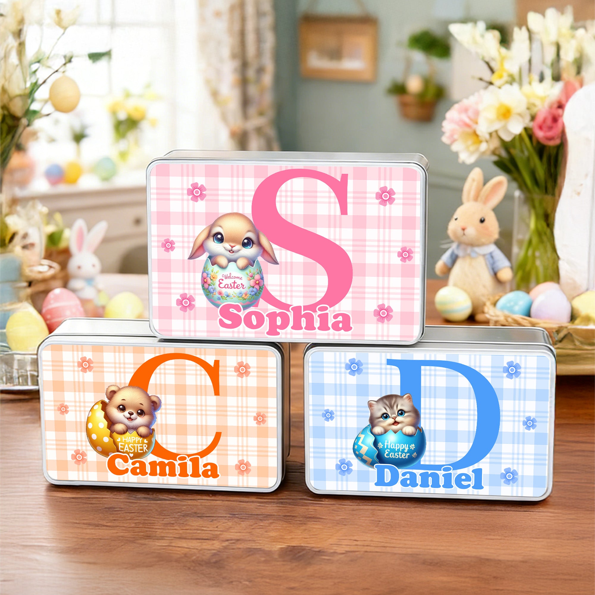 Caja personalizada de galletas de rejilla de animalitos multicolor con nombre Regalo de Pascua para niños