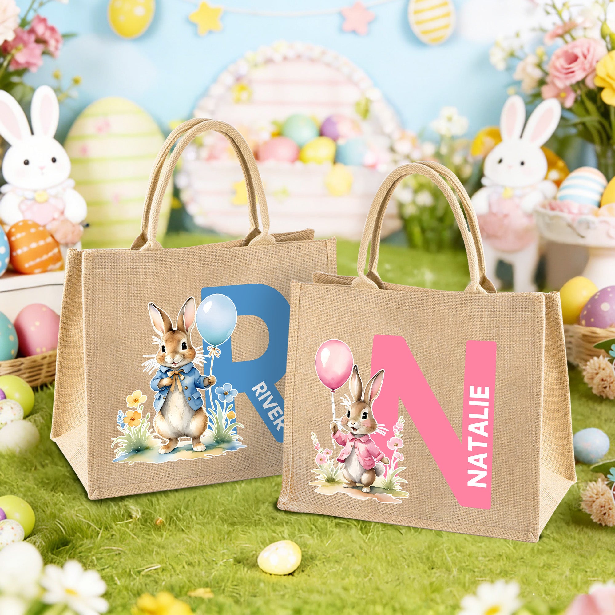 Conejito de acuarela personalizado Globo Bolsa de yute con inicial y nombre Fiesta de caza del huevo Regalo de Pascua para niños