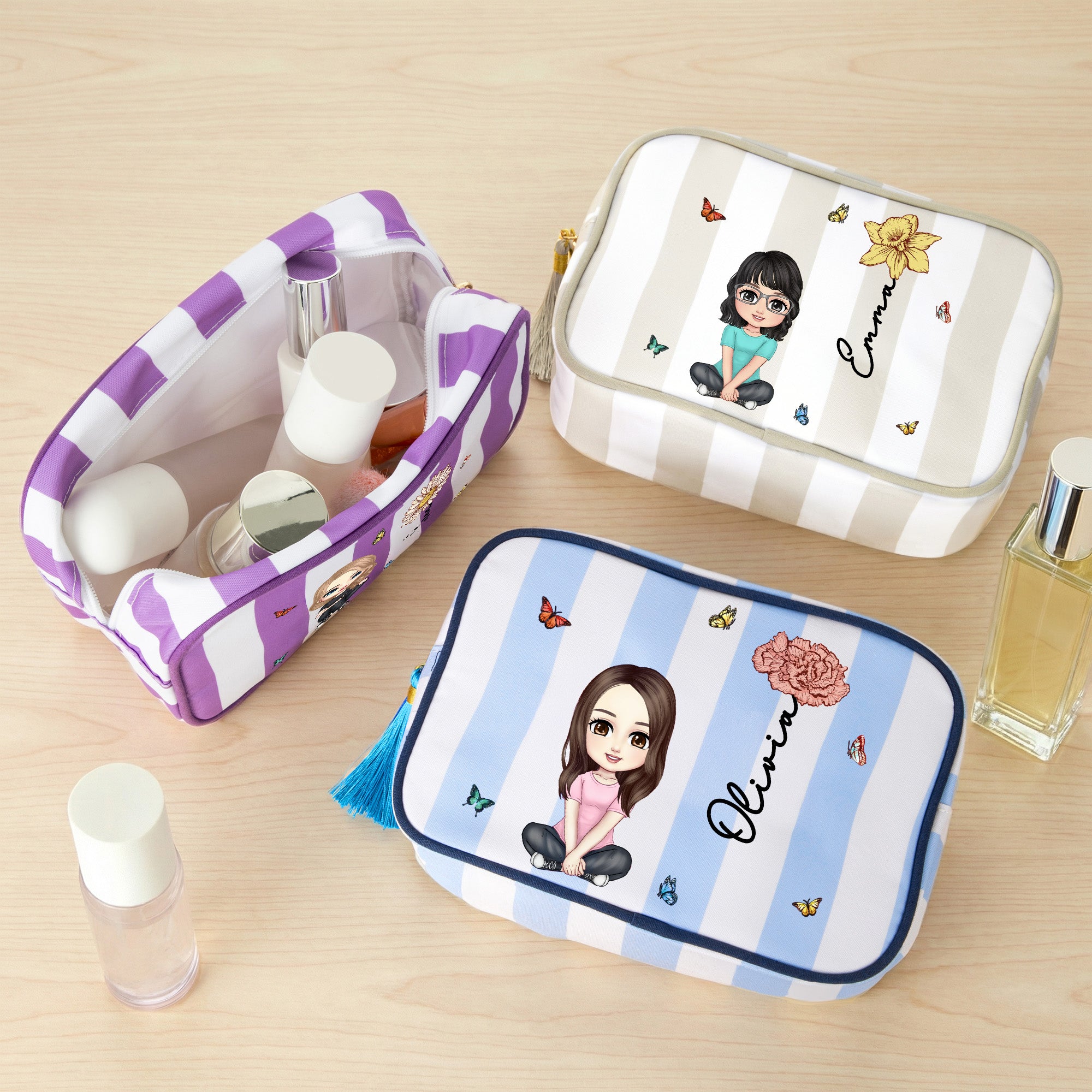 Personalizado Multicolor Nacimiento Flor Caricatura Personaje Rayas Bolsa de Maquillaje con Nombre y Borla Esenciales de Viaje Día de la Madre Cumpleaños Regalo para Mujeres