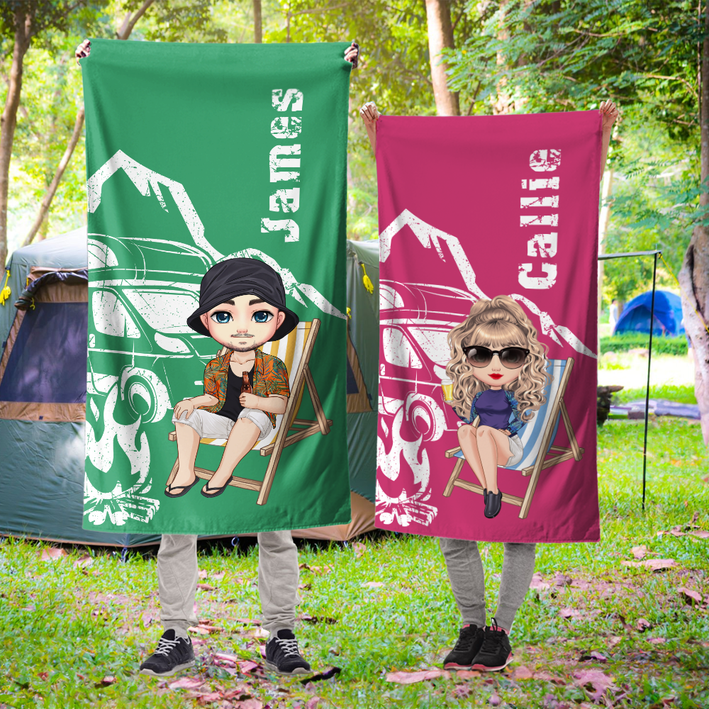 Toalla de playa de gran tamaño y secado rápido personalizada con el personaje de la furgoneta de camping Vacaciones de verano Viajes Vacaciones Regalo para campistas Entusiastas de las actividades al