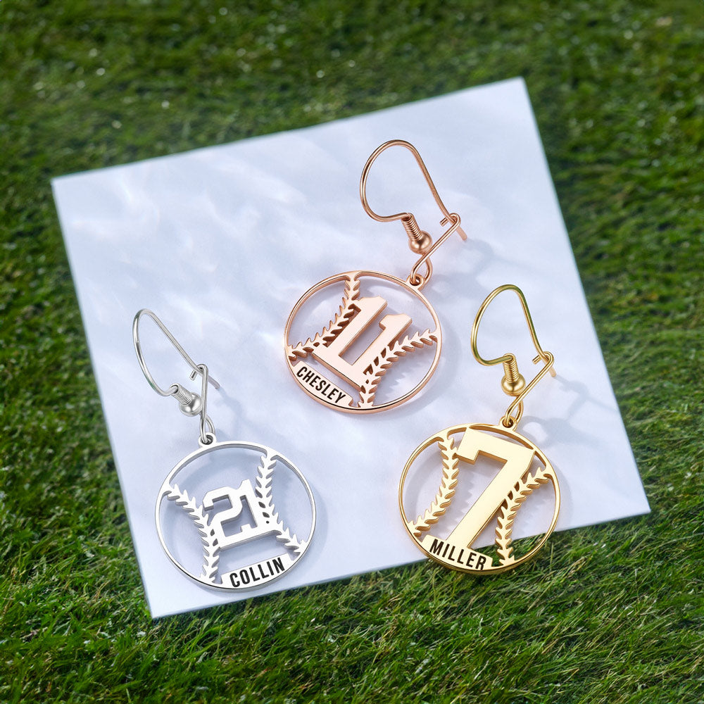 Pendientes personalizados de silueta de béisbol con número y nombre grabado Día del partido Equipo Regalo de cumpleaños para mamá deportista de béisbol