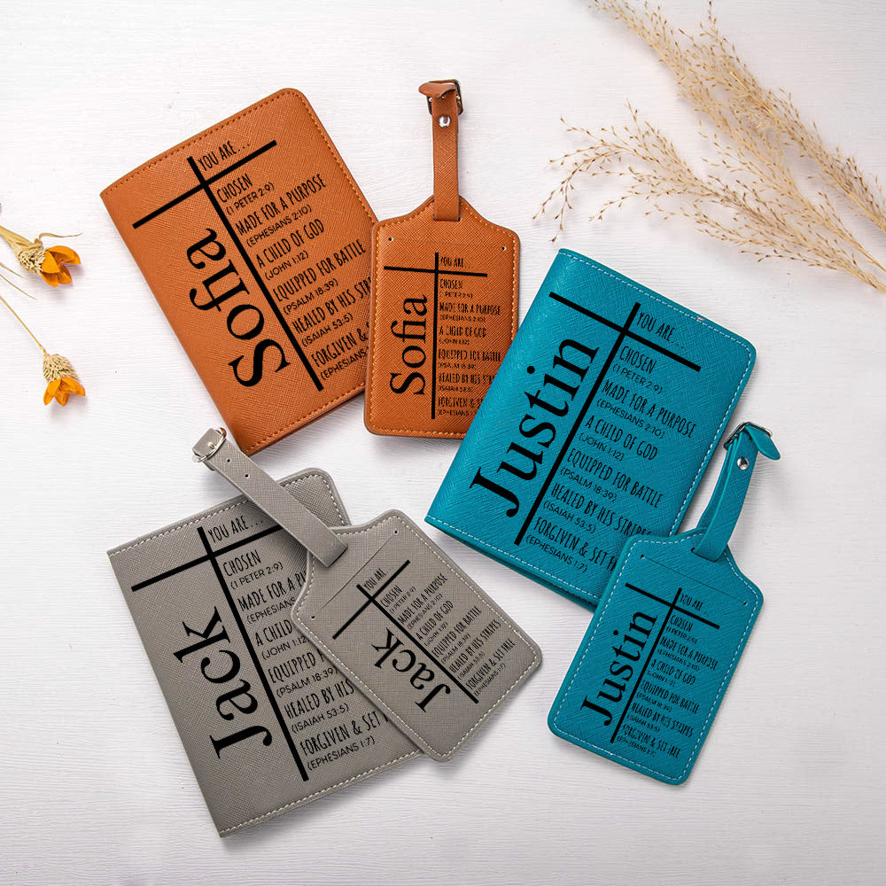 Cruz personalizada You Are Porta pasaporte de cuero Juego de etiquetas de equipaje con nombre Bautizo Accesorios de viaje Regalo de cumpleaños para cristianos