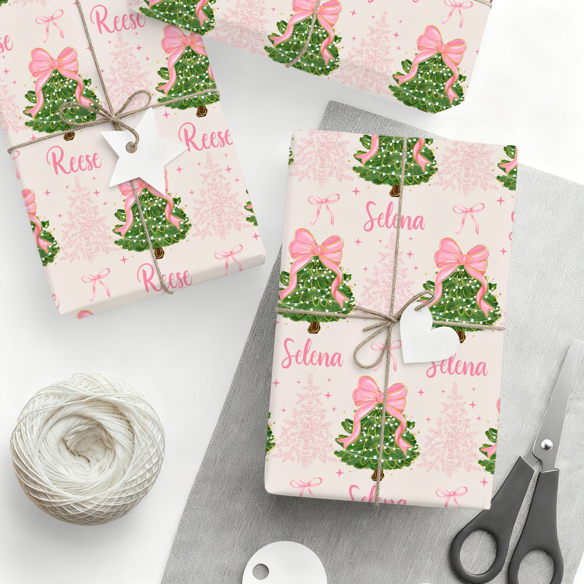 Coquette personalizado arco rosa árbol de Navidad de papel de regalo con el nombre de regalo decoración de la fiesta de Navidad para las niñas las mujeres