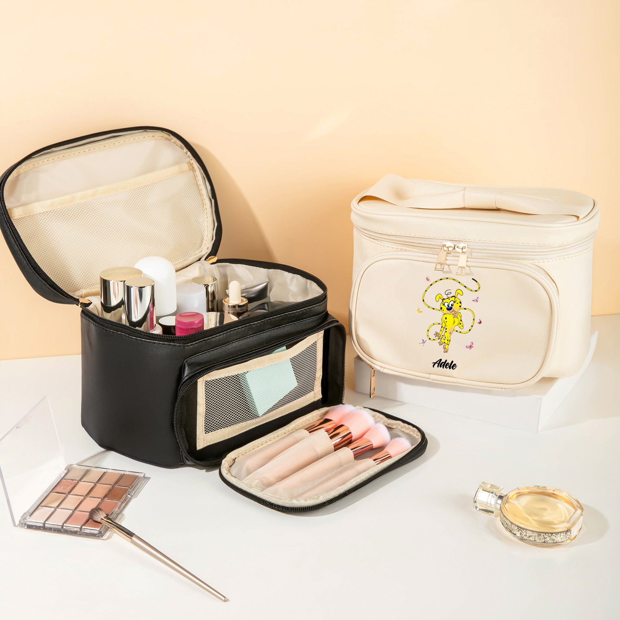 Marsupilami Personalizado Leopardo de Cola Larga Bolsa de Maquillaje de Cuero PU con Nombre Regalo de Cumpleaños para Amigas | Callie × Marsupilami