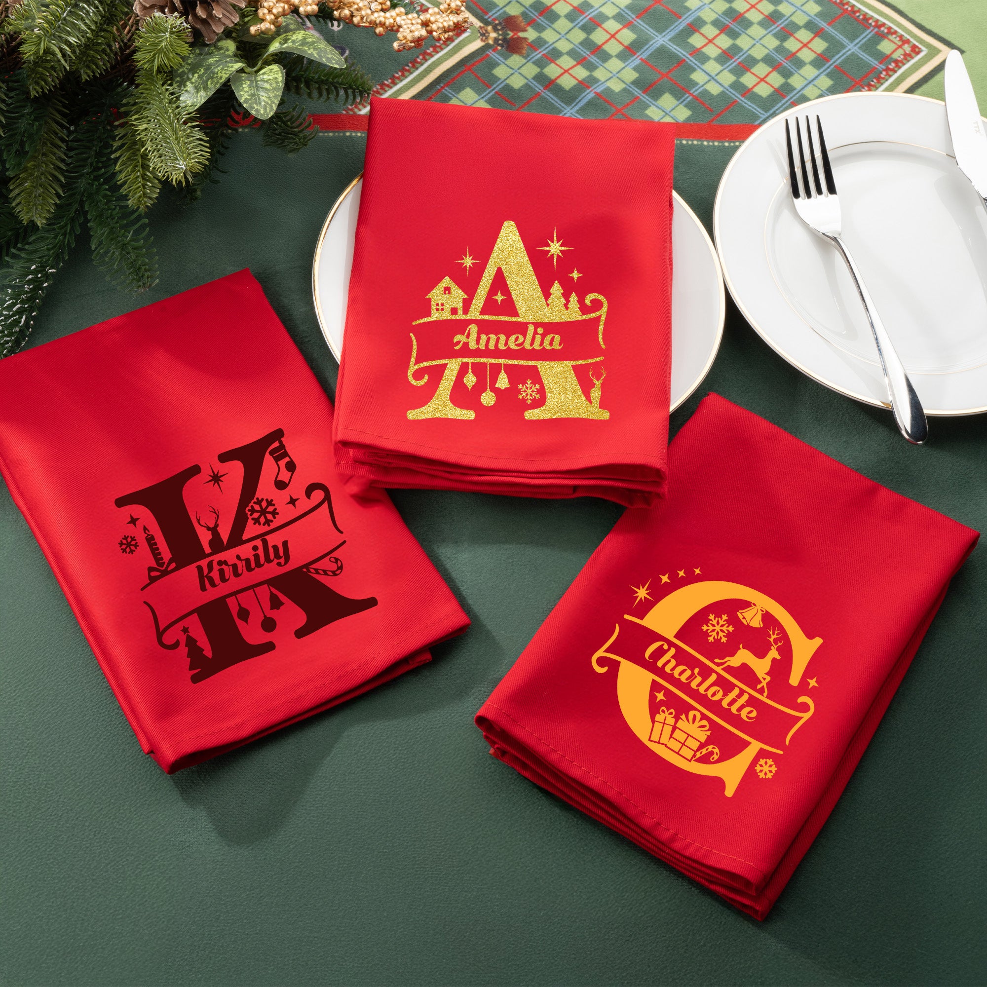 Personalizada Navidad Tema Inicial 100% Algodón Rojo Navidad Servilleta con Nombre Decoración de Mesa Navidad Regalo para Familia Amigos