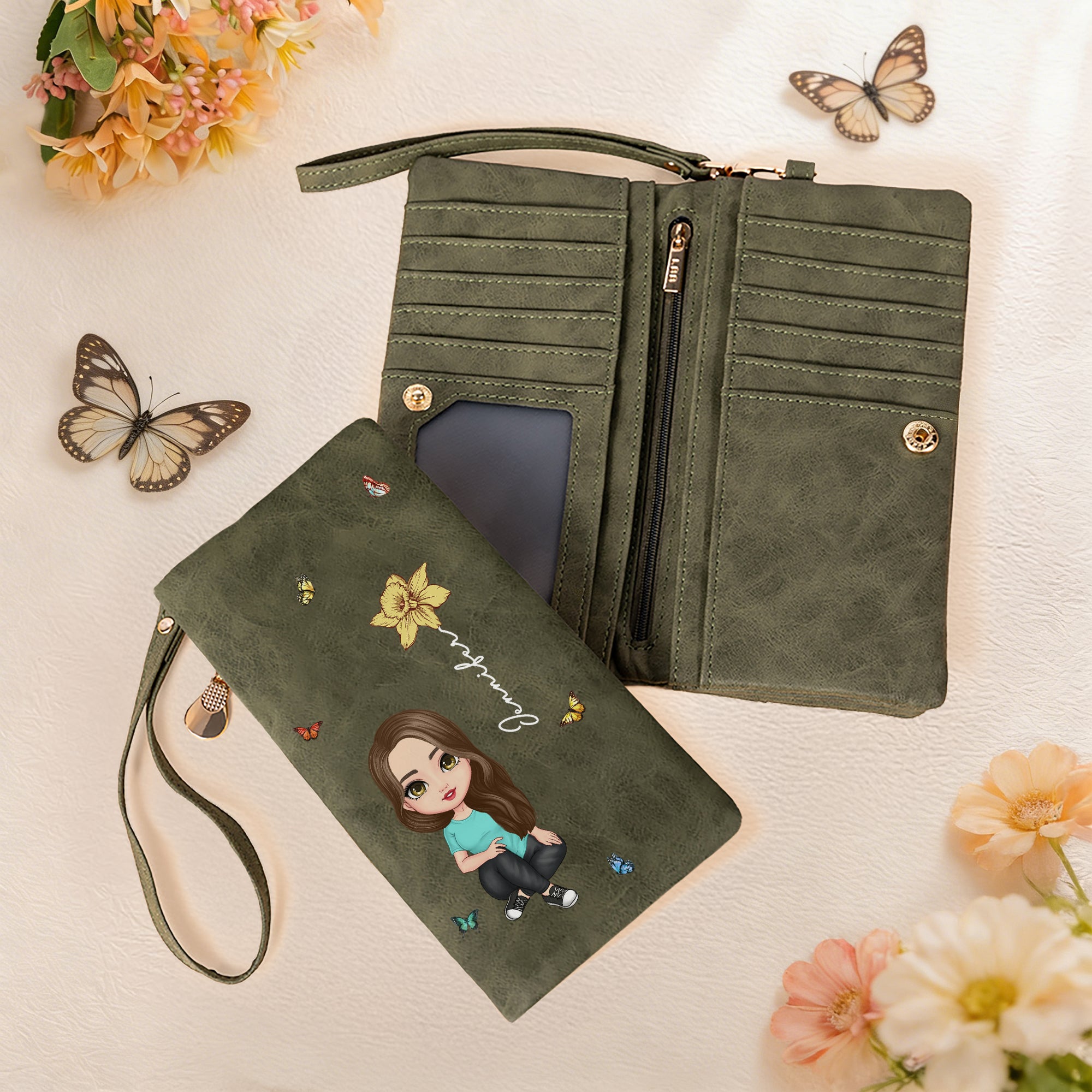 Personalizada de dibujos animados Chica Mujer Carácter Nacimiento Flor PU Cartera de cuero con nombre y múltiples ranuras para tarjetas Cumpleaños Aniversario Regalo para ella