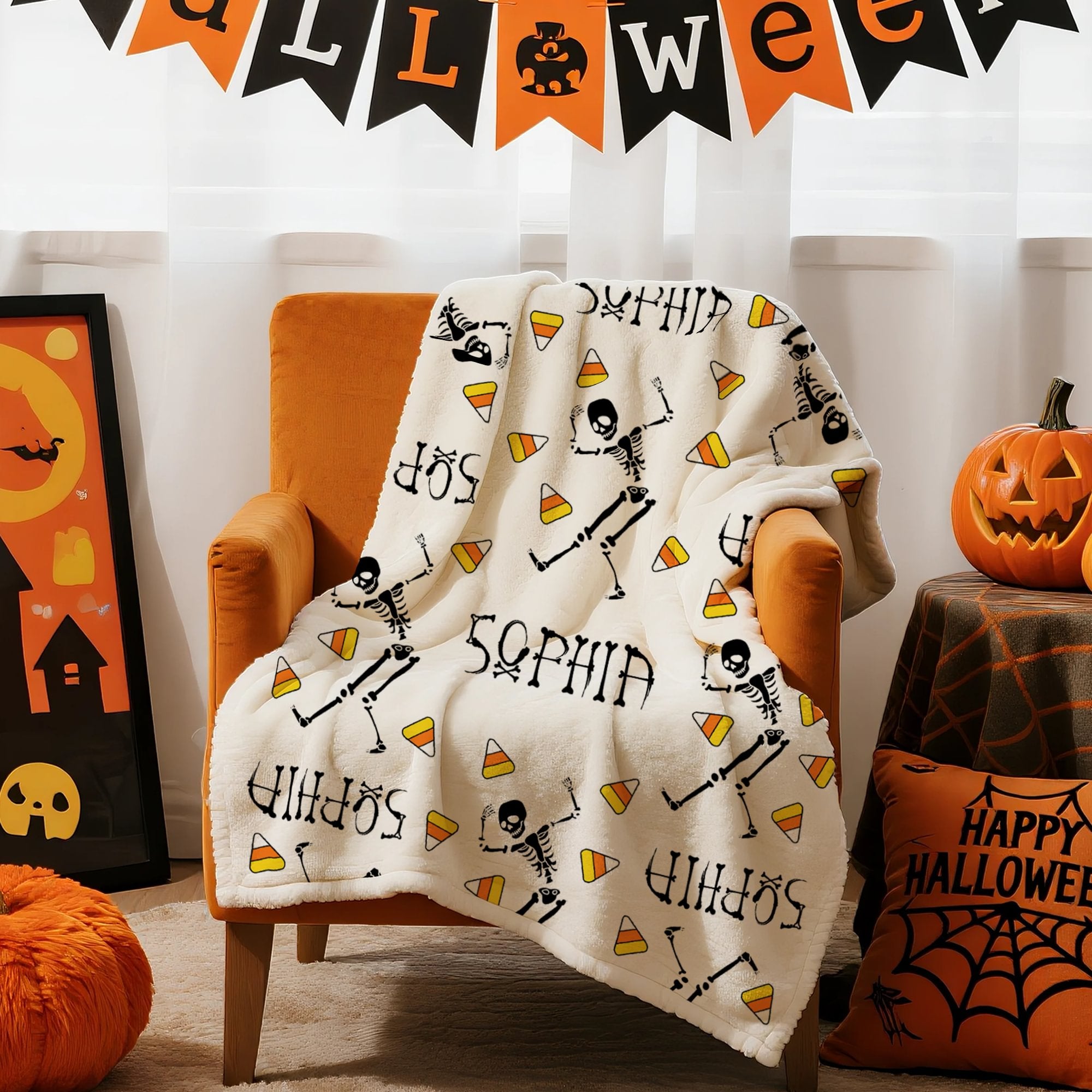 Tema de Halloween personalizado esqueleto Lollipop calabaza suave manta con nombre decoración del hogar Halloween regalo para la familia amigos