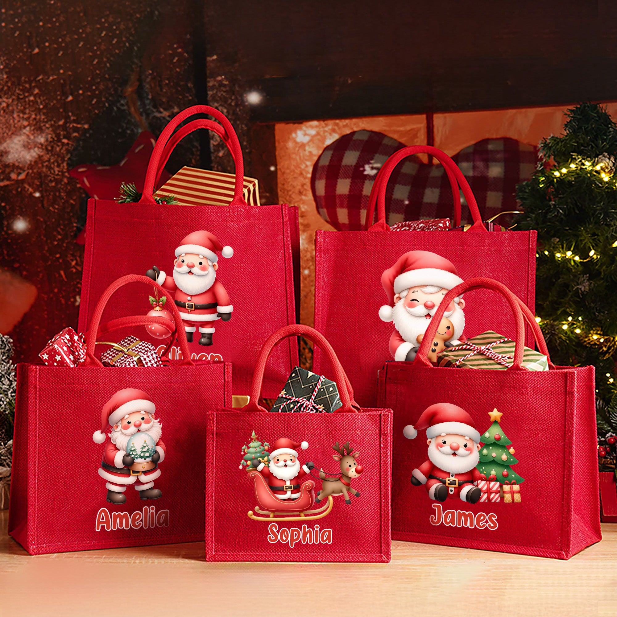 Bolsa de yute roja grande personalizada con el nombre de un simpático Papá Noel para uso diario Regalo de Navidad para la familia o los amigos