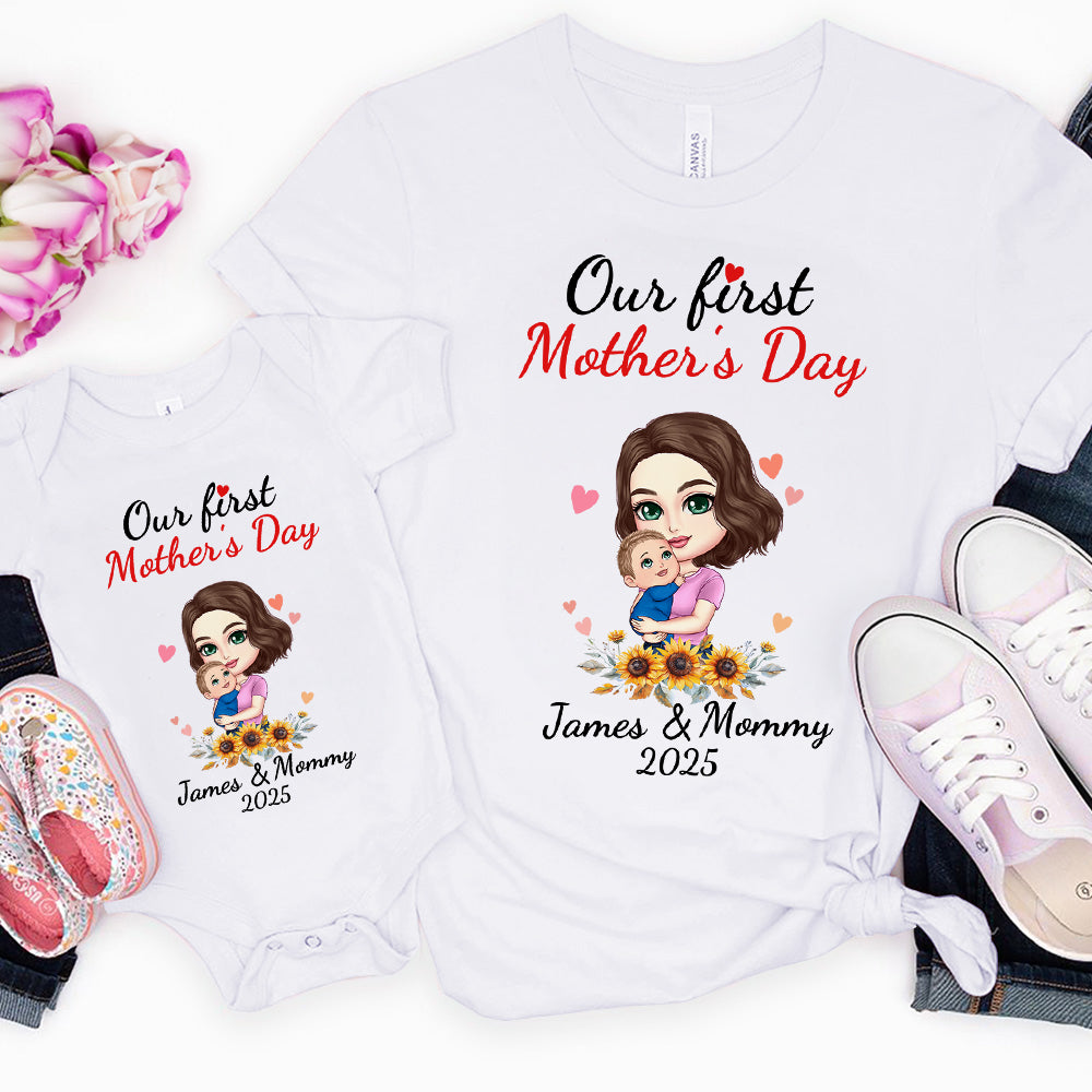Mamá personalizada Hugs Baby 100% Algodón Camiseta a juego con nombres y fecha Primer regalo del Día de la Madre para recién nacido Nueva mamá