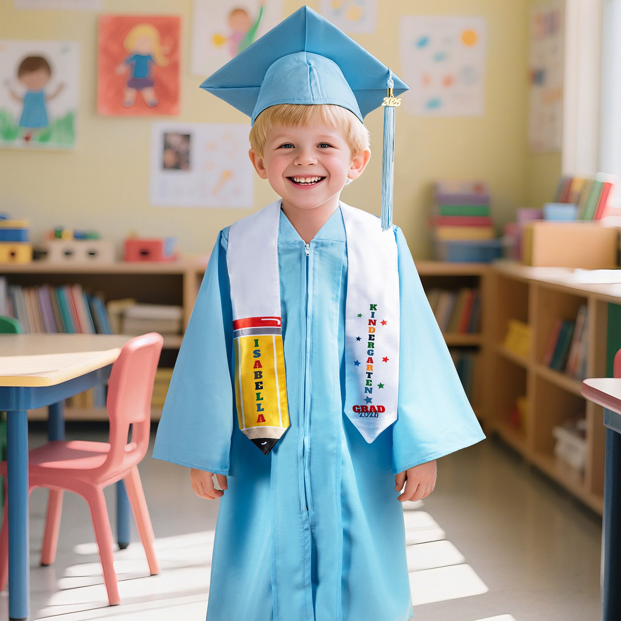 Personalizada en forma de lápiz Estrella de Graduación de Kindergarten Estolas Bata con Nombre y Grado Clase de 2026 Regalo de Graduación de Kindergarten para Niños