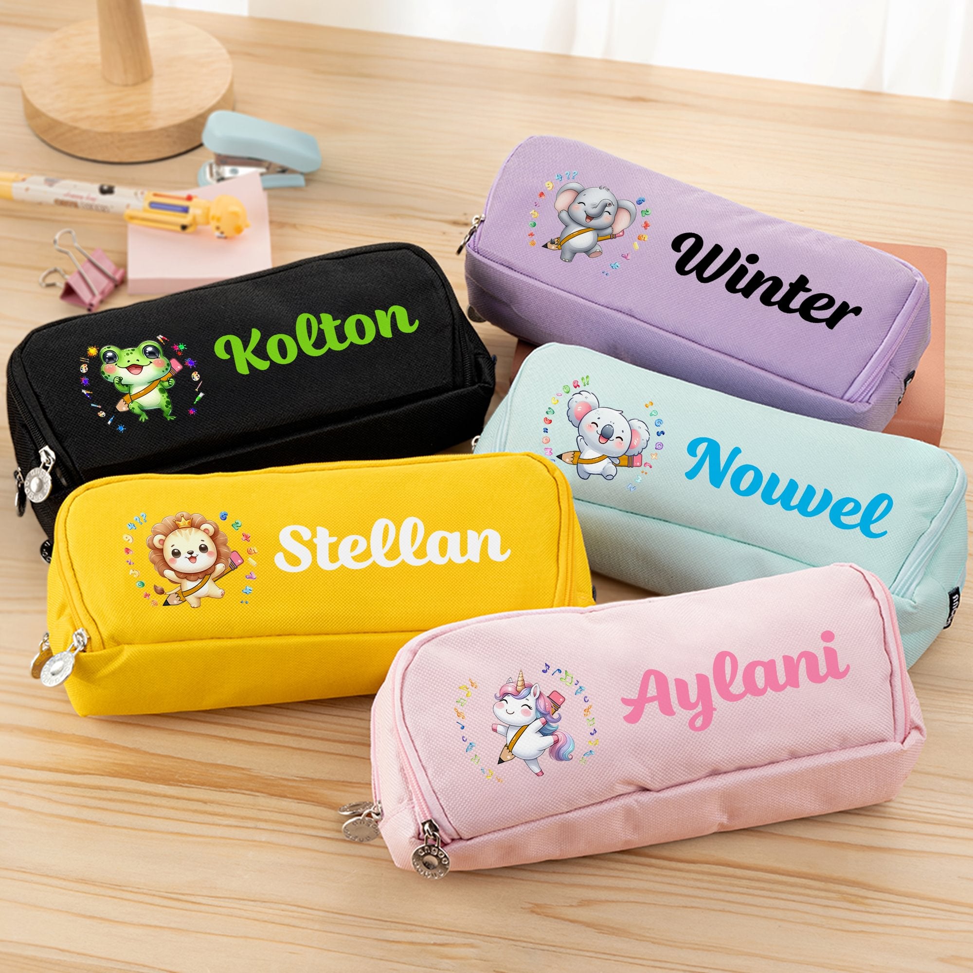 Estuche personalizado con múltiples compartimentos para lápices con nombre de animales de dibujos animados Regalo de cumpleaños de vuelta al cole para niños y niñas