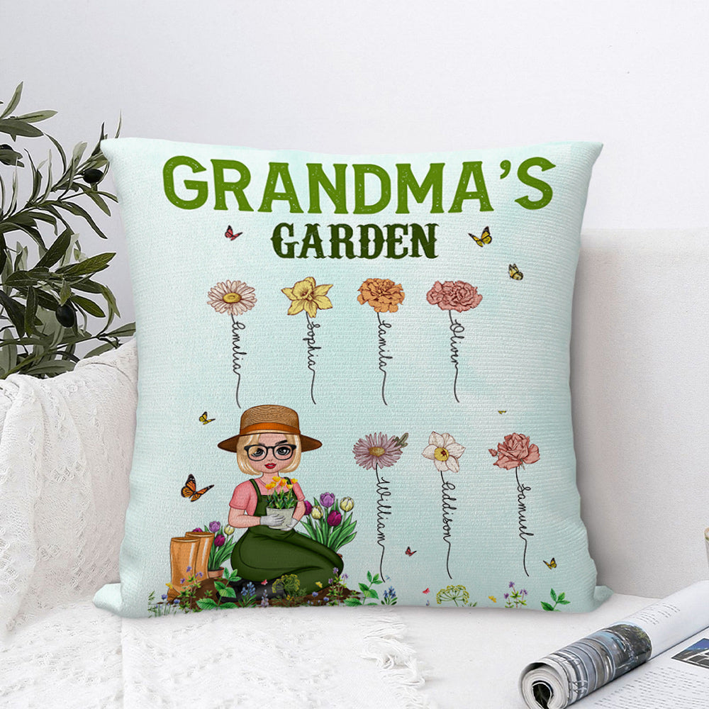 Funda de almohada personalizada con nombres de personajes de dibujos animados del jardín de flores de nacimiento Multicolor Decoración del hogar Día de la Madre Apreciación Regalo para la abuela Mamá
